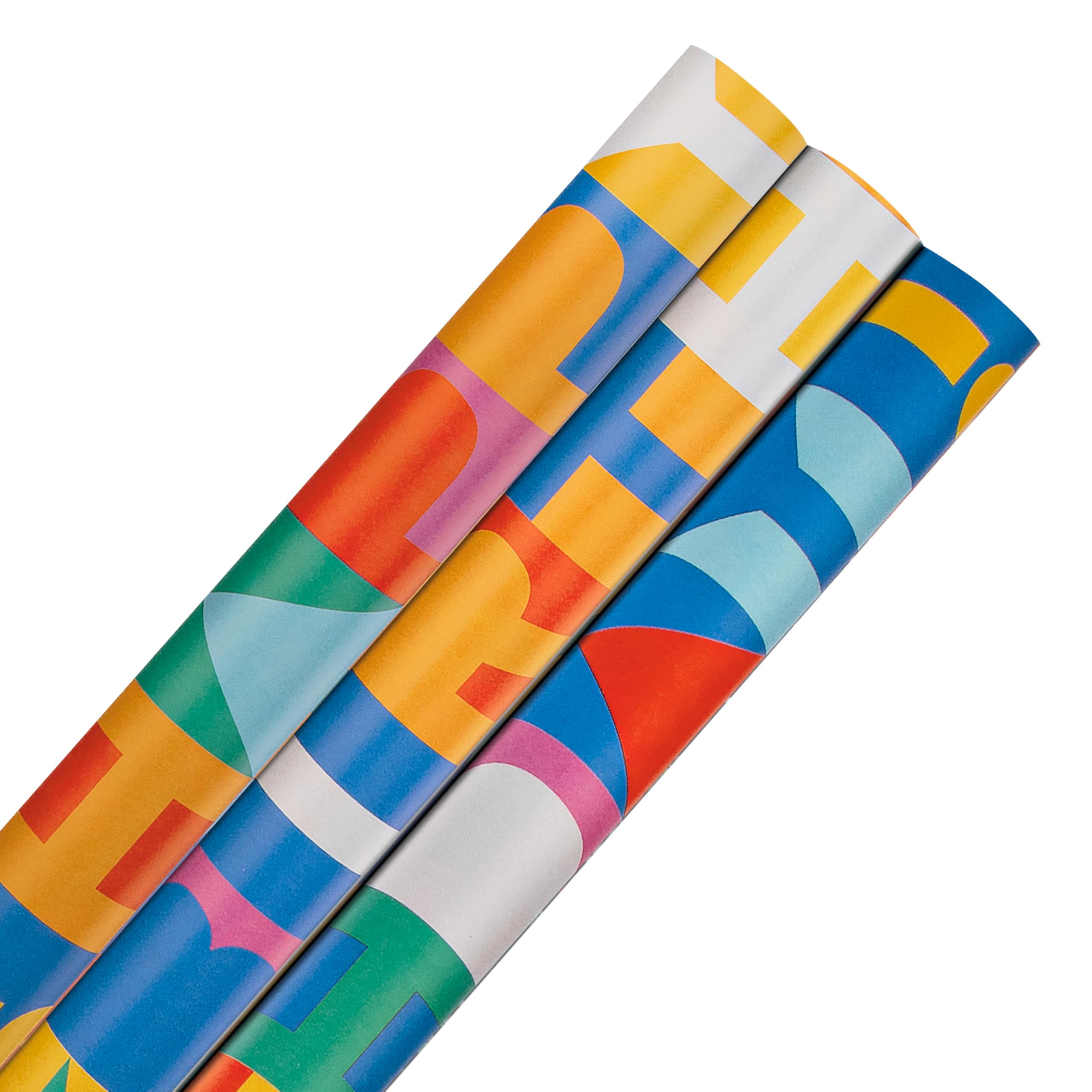Hallmark 6M Wrapping Paper, Roll Wrap, Pack of 3, 'Happy Birthday' Text Design, 2M Each