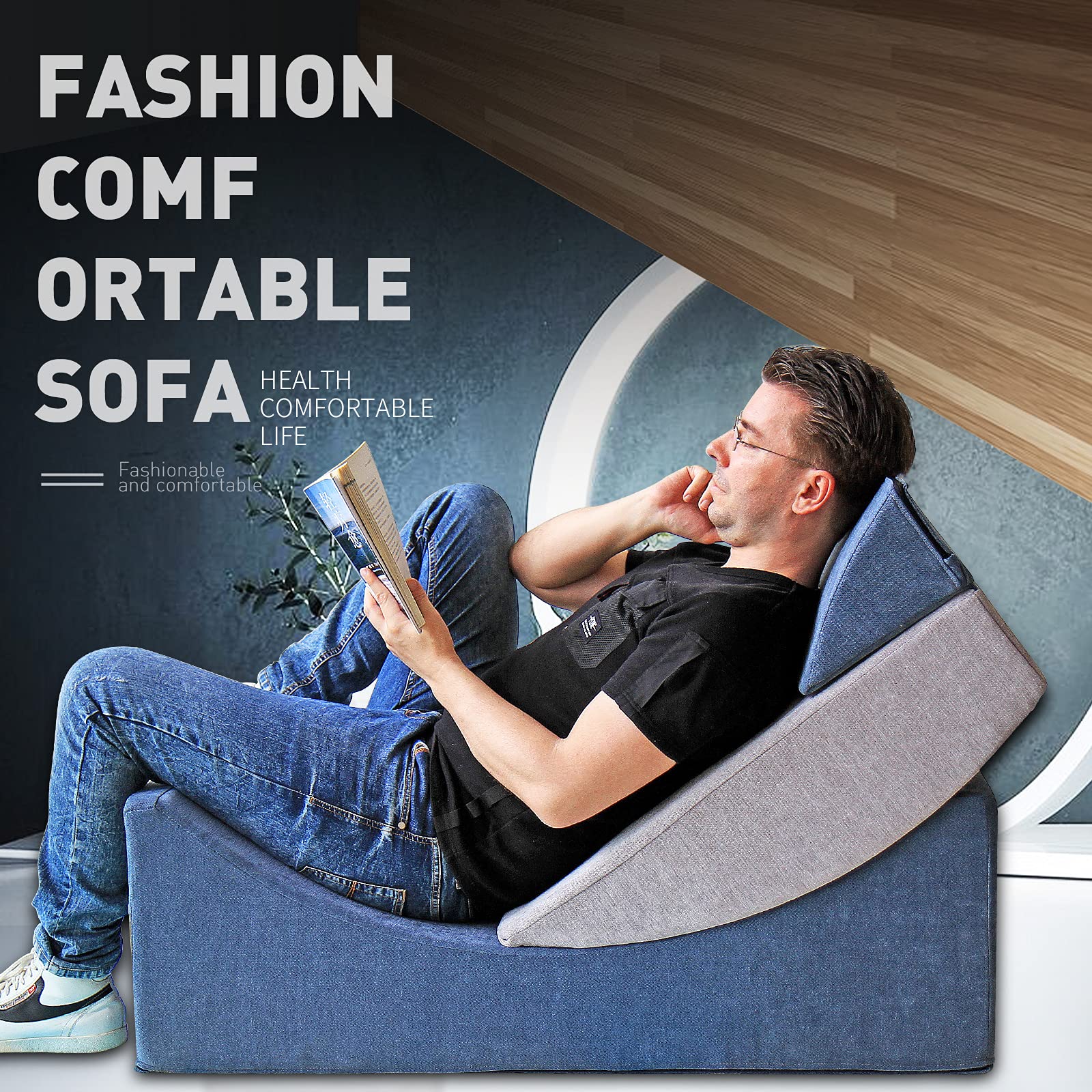 CCLIFE Matelas lit Fauteuil futon Pliable Pliant Chaise de Sol Pliable Matelas Pliant Sofa 110×50×36 CM, Couleur:Bleu & Gris