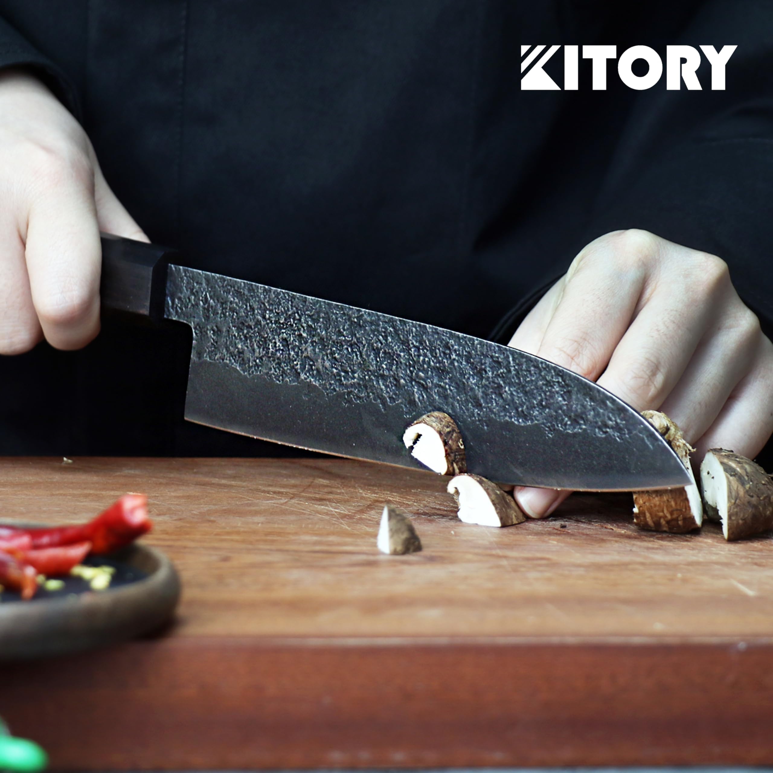 Kitory Japanisches Santoku-Messer 17 cm, Ultraklares Profi-Küchenmesser aus 4Cr13MoV-Stahl mit Griff aus Schwarzholz & Rotgummikarree – Geschenk 2026 für Zuhause & Restaurant
