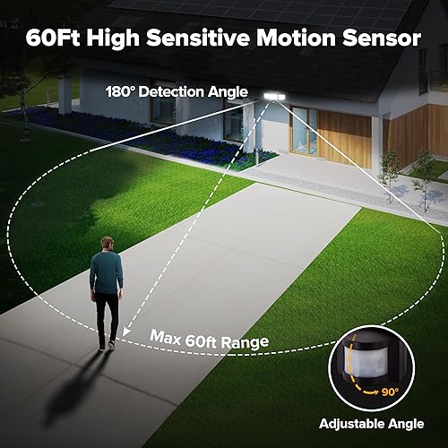 Miniatura 2 de UME Luces solares para exteriores, 302 LED, 3000 lúmenes, IP65, impermeable, sensor de movimiento, luces de inundación de 3 cabezales, 270 ángulo de