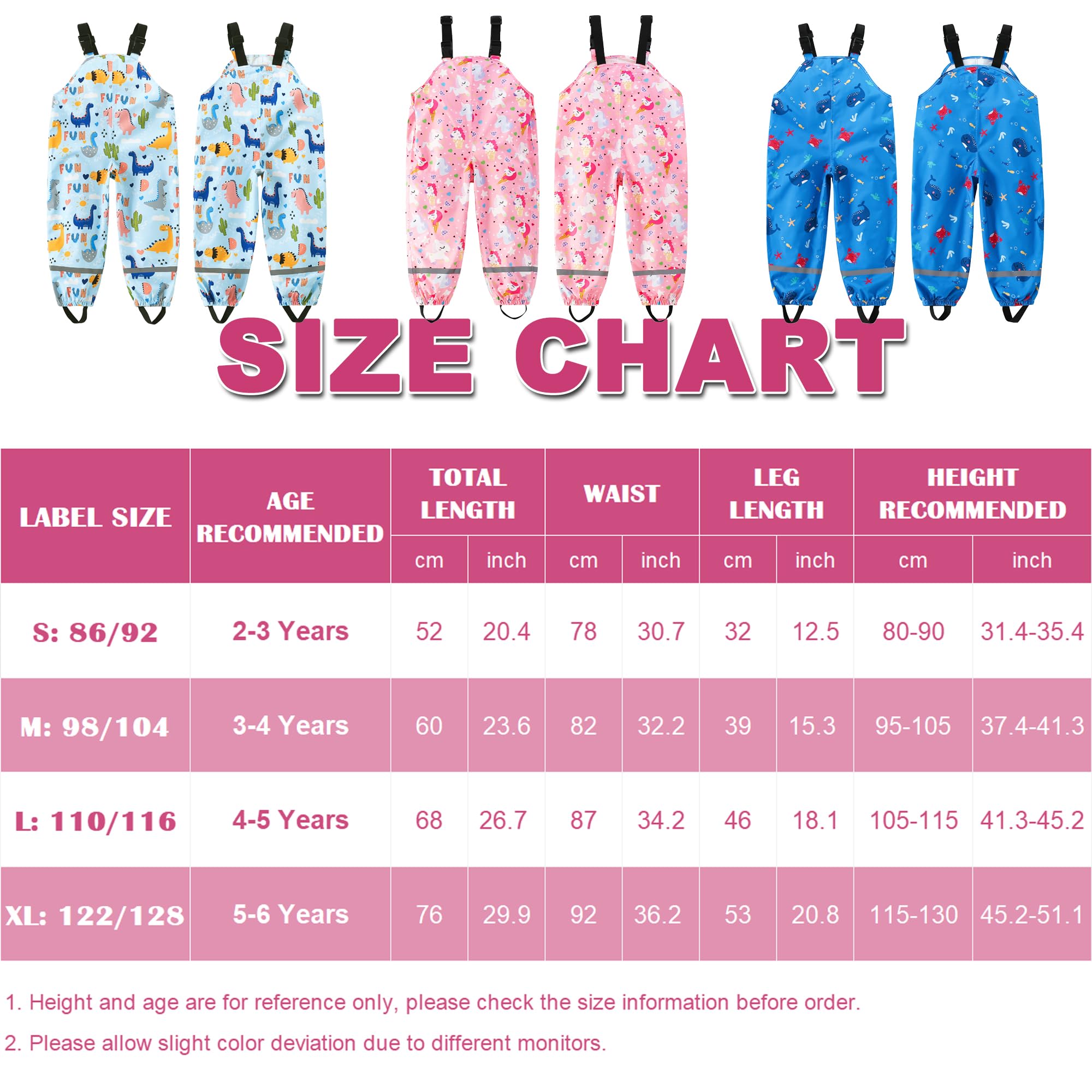 Fewlby Pantalon Imperméable Enfant Pantalon de Pluie, Filles Garçons Combinaison de Pluie Salopette Réutilisable Vêtements de Pluie
