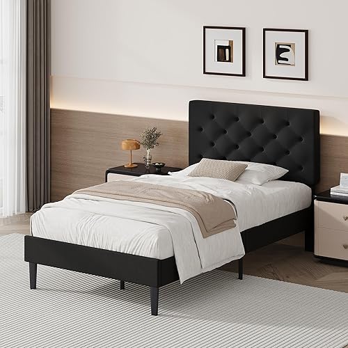 Miniatura 31 de BarnFurin Base de cama de tamaño matrimonial con cabecero, cama de plataforma tapizada con cabecera capitonada con botones ajustables, marco de cama