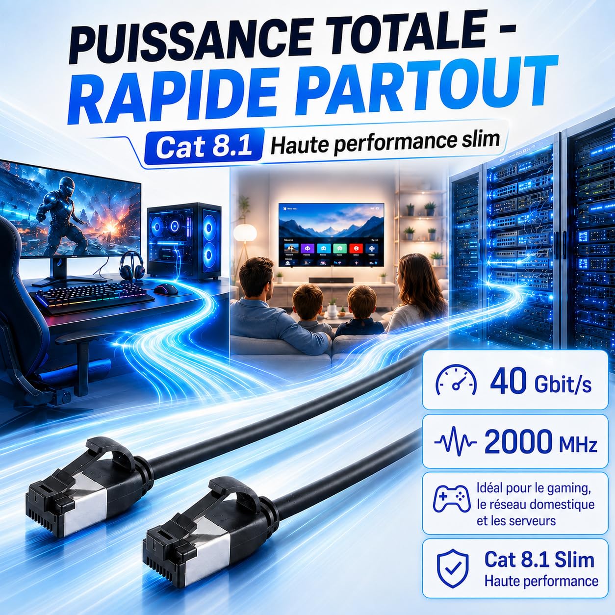 Câble réseau Cat 8.1 Lan de 2 m (lot de 10) Câble Ethernet Cat 8 avec prise RJ45 fin et fin avec taux de transfert de 40 Gbit/s Noir 2,0 mètres