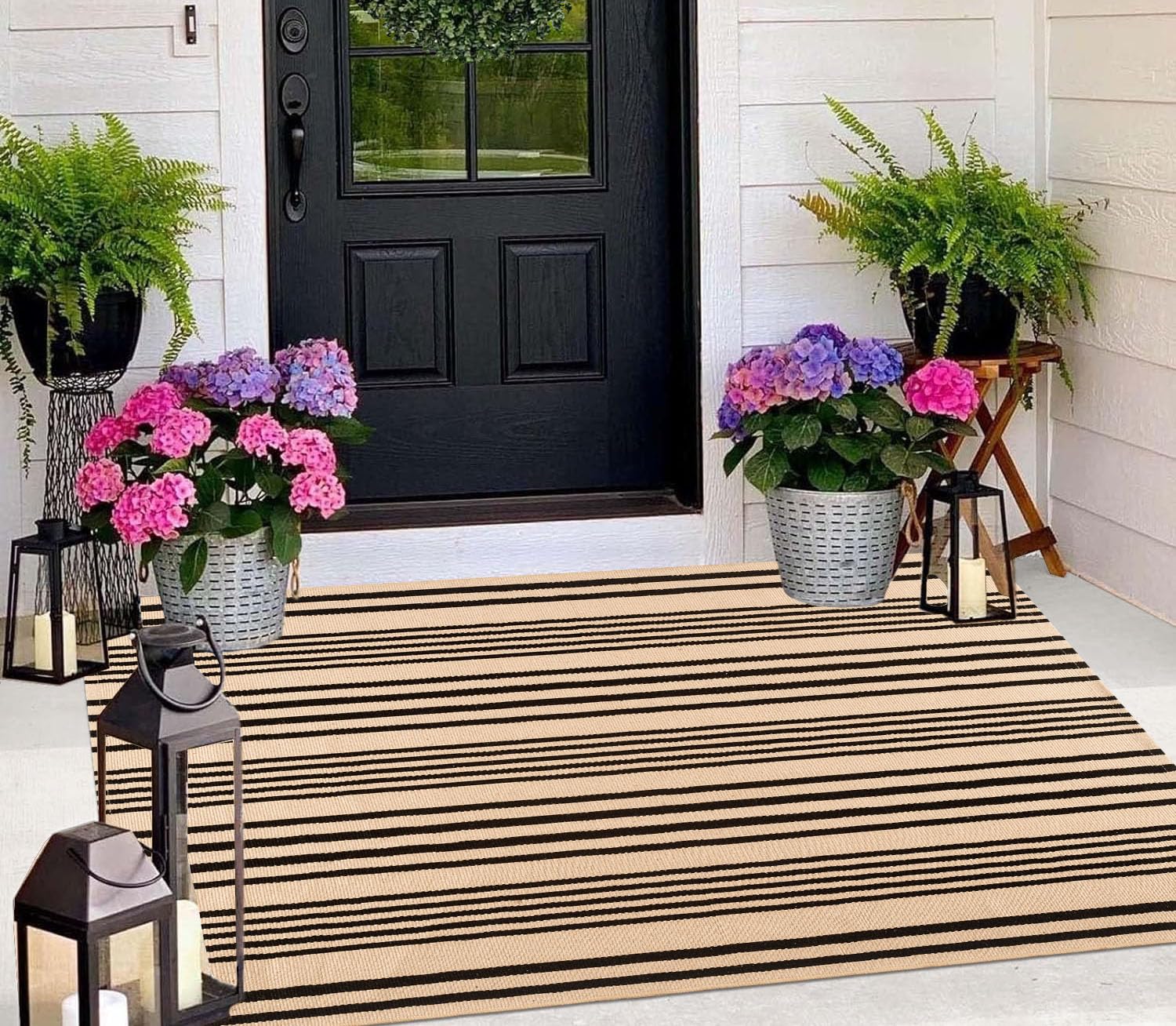 BUAGETUP Outdoor Rug 3'x 5',Tan Striped Washable Area Rug Hand-Woven Cotton Rug Indoor/Outdoor Area Rug Floor Mat for Farmhouse Living Room Bedroom