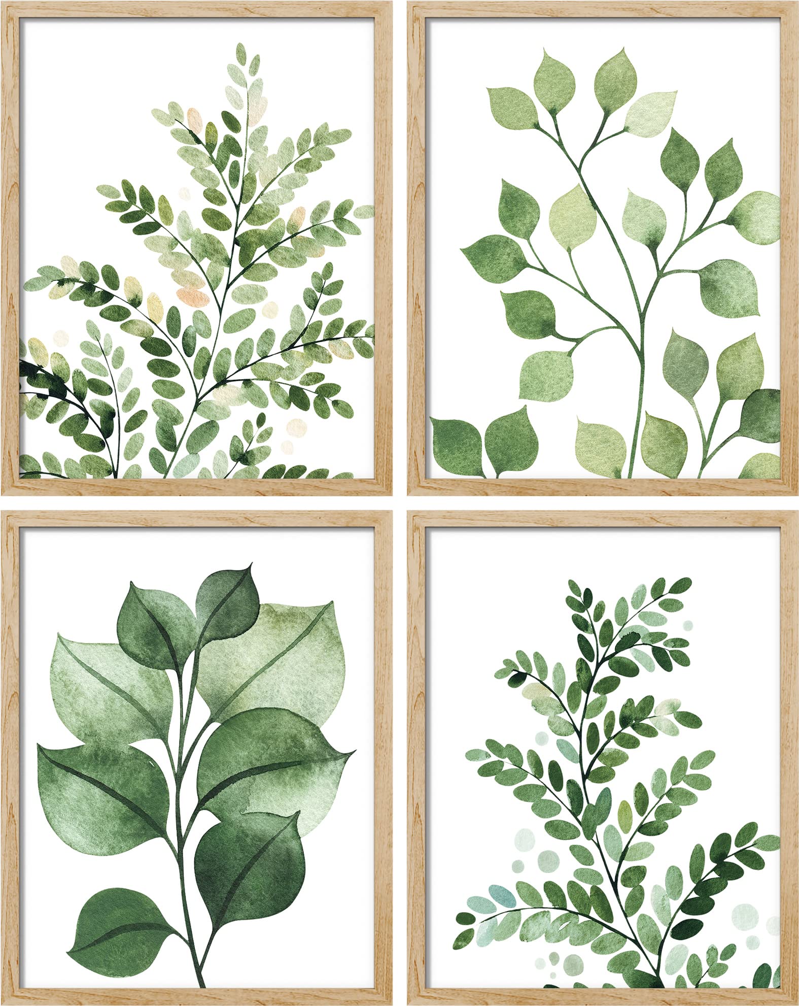SIGNWIN Framed Green Pastel Forest Fern Leaf Wall Art, Set of 4 Collage Nature Garden Wall Decor Prints, Nature Wilderness Wall Décor for Living Room,