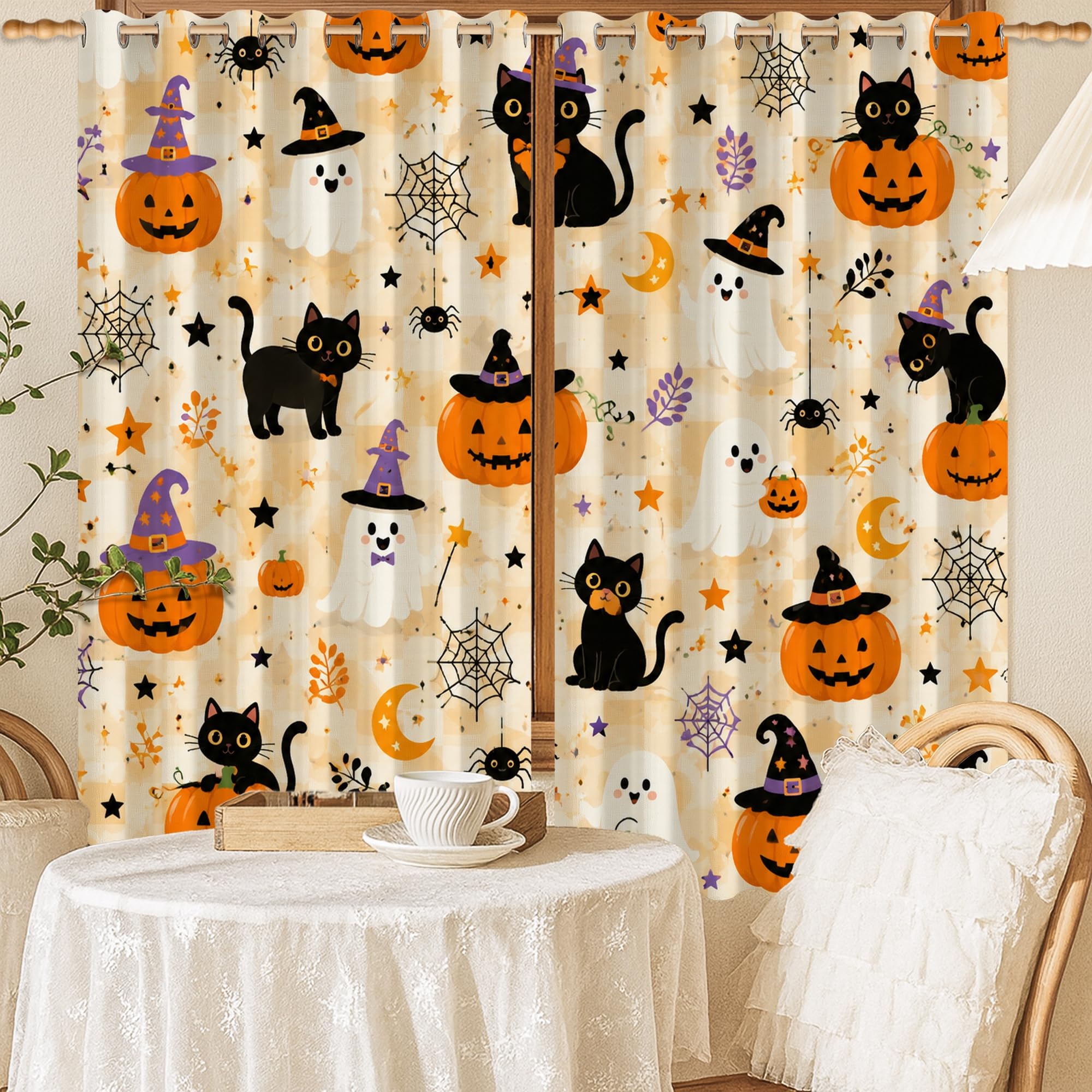 Rideaux occultants Halloween orange 132x137cm pour decoration de salon