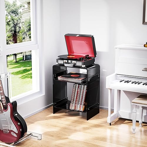 Miniatura 83 de Mesa de tocadiscos de acrílico con estante de almacenamiento, mesa auxiliar transparente (naranja, grande) Naranja,Negro -,Claro,Azul