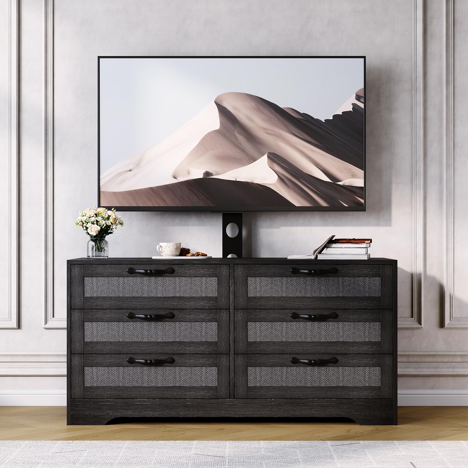 SIMILAR TO..GarveeHome TV Stand with Mount, 47.2" Modern Entertainment Center 6-Drawer Rattan Dresser for 32-85 Inch TVs, Media Console Table with Storage for Living Room, Bedroom, Black