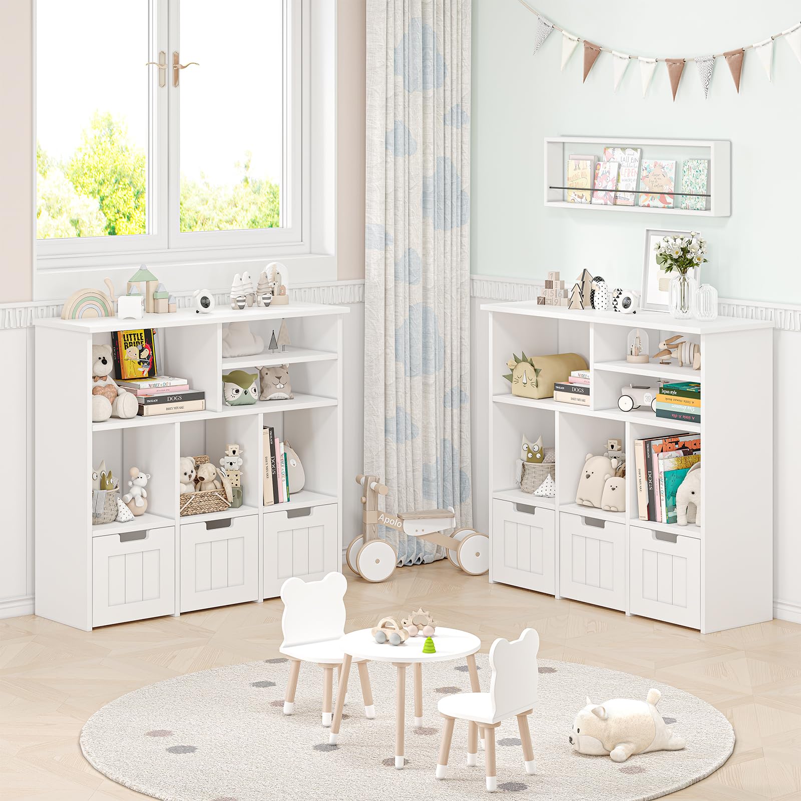 Kinderregal Mit Boxen Auf Rollen Und 6 Offenen Fächern, Kinderzimmer Möbel, Spielzeugregl, Aufbewahrungregal, Bücherregal Für Kinder, Kinderschrank, 100 x 33 x 89 cm