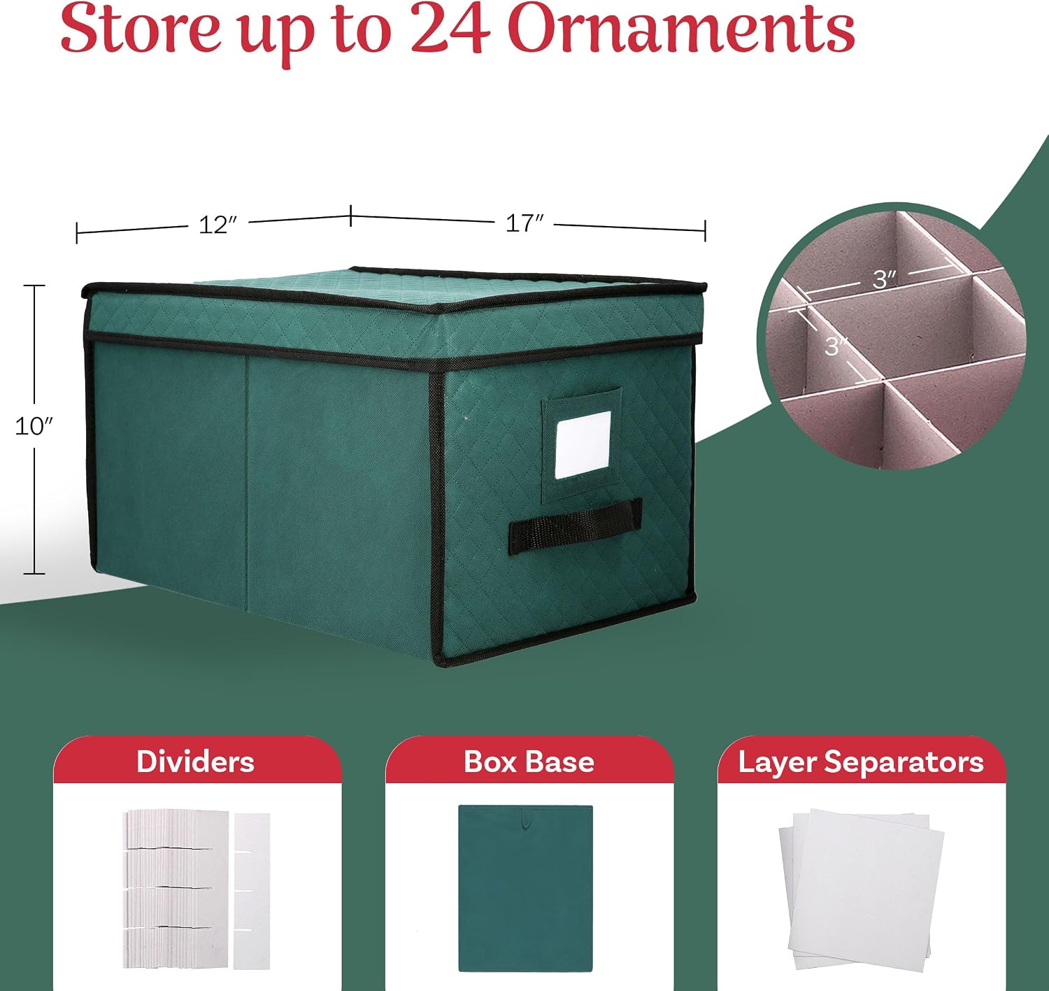 Elf Stor Ornament Storage Box, Green, 17” x 12” x 10”