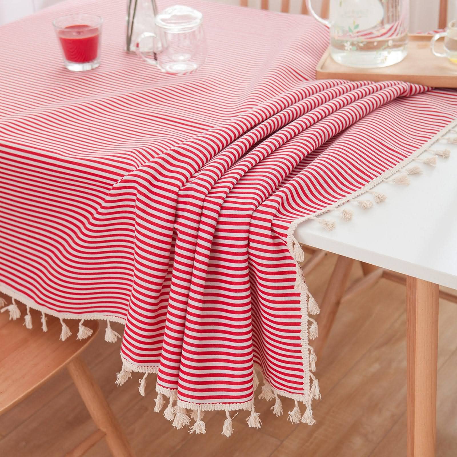Mantel Mesa Rectangular Exterior Ajustable Rayas Rojas con Borla Macrame De Decorativo Lavable Rojo Blanco Sabana Algodon Protección Decoración 140X180Cm