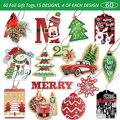 Miniatura 2 de Etiquetas de regalo, 60 unidades con cuerda United (15 purpurina surtida, papel de aluminio, diseños de Navidad impresos para envoltura de regalos