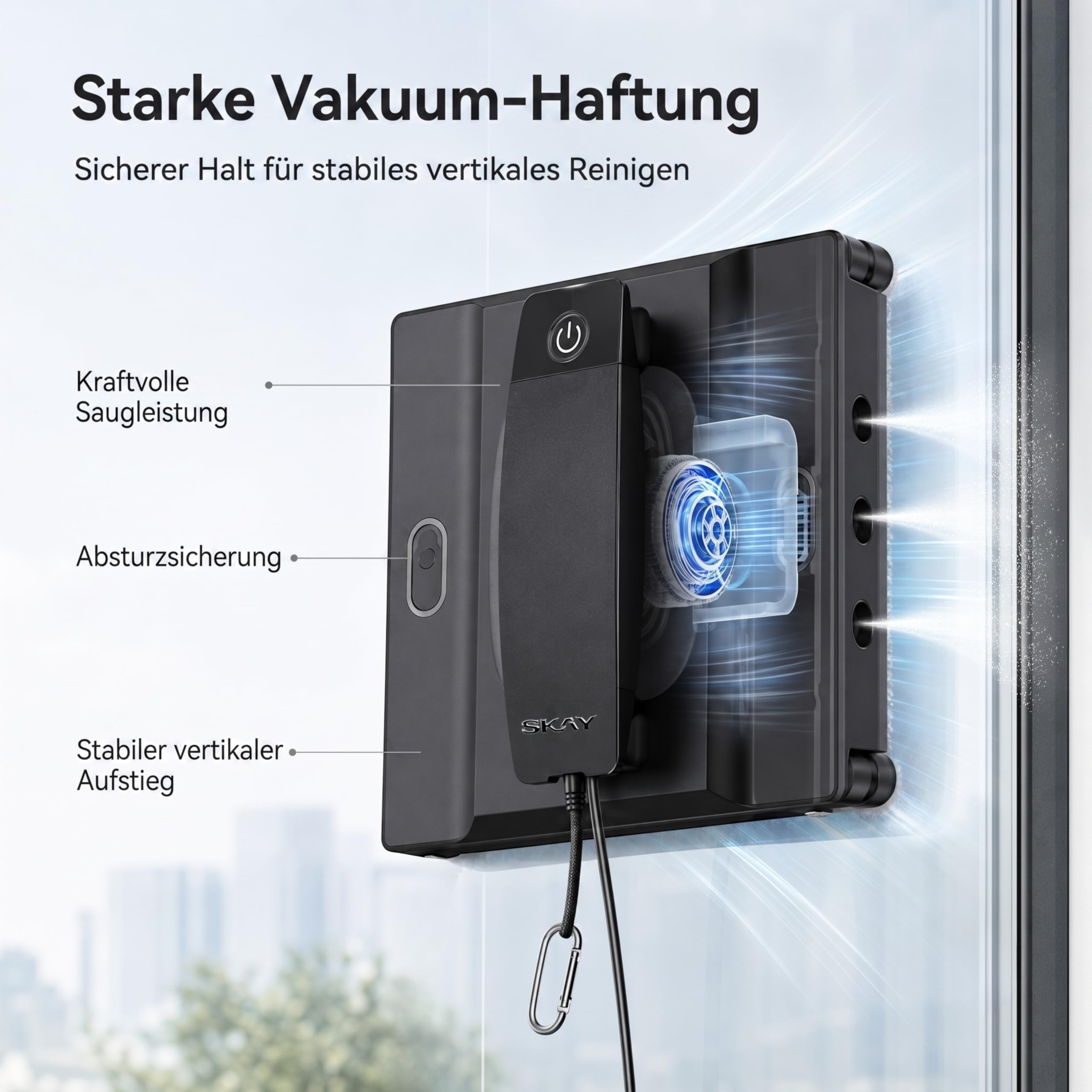 SKAY M82-KI Fensterputzroboter, KI-Navigation, Automatischer Fensterreiniger mit 6-Düsen Sprühsystem & Doppeltank 100ml, App & Fernsteuerung, 4 Reinigungsmodi, <60dB Leise, für Fenster Spiegel Fliesen