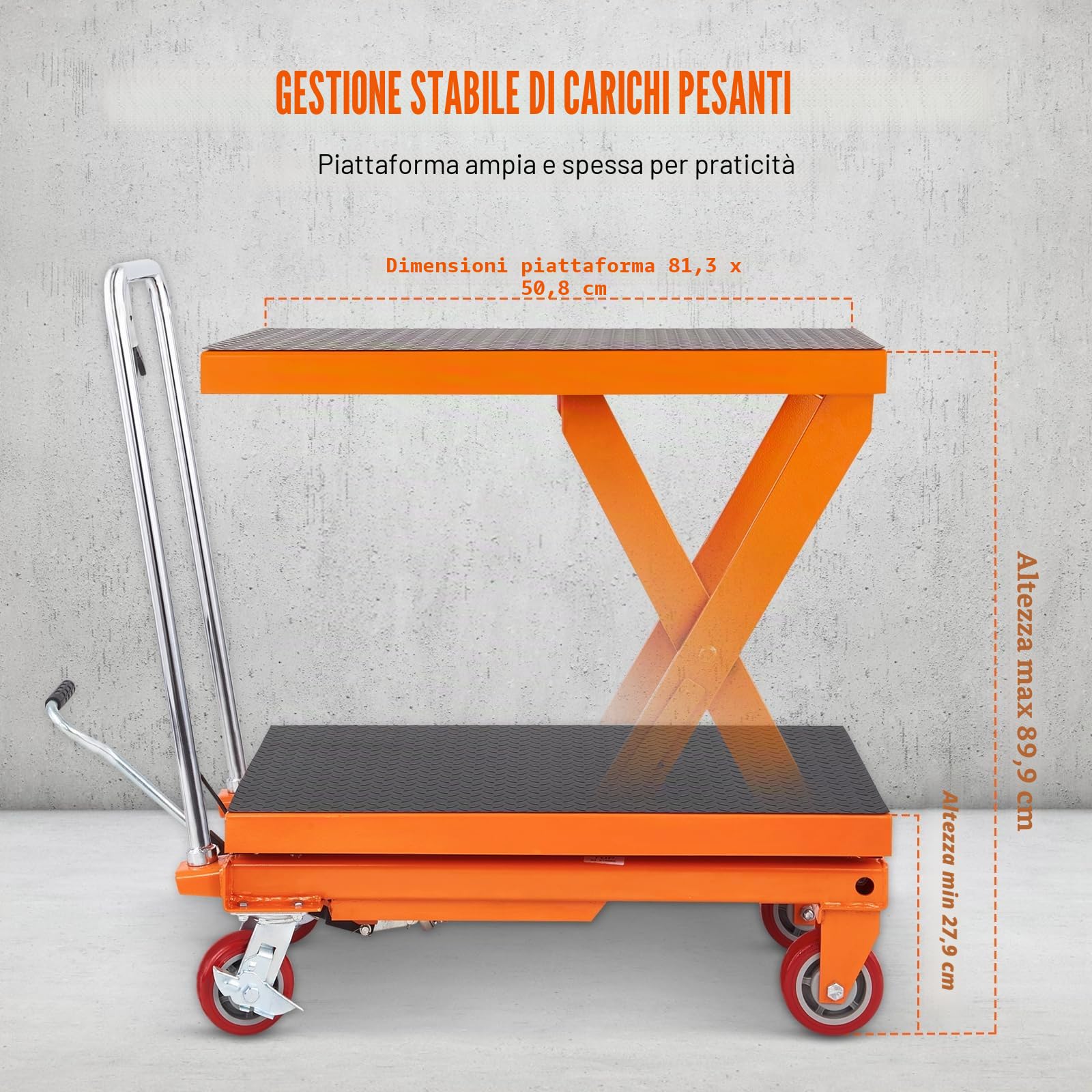 VEVOR Tavolo elevatore idraulico a forbice Capacità di carico 500 kg Carrello tavolo elevatore 285-900 mm Campo di sollevamento Tavolo elevatore officina 815 x 505 mm Carrello elevatore a forbice