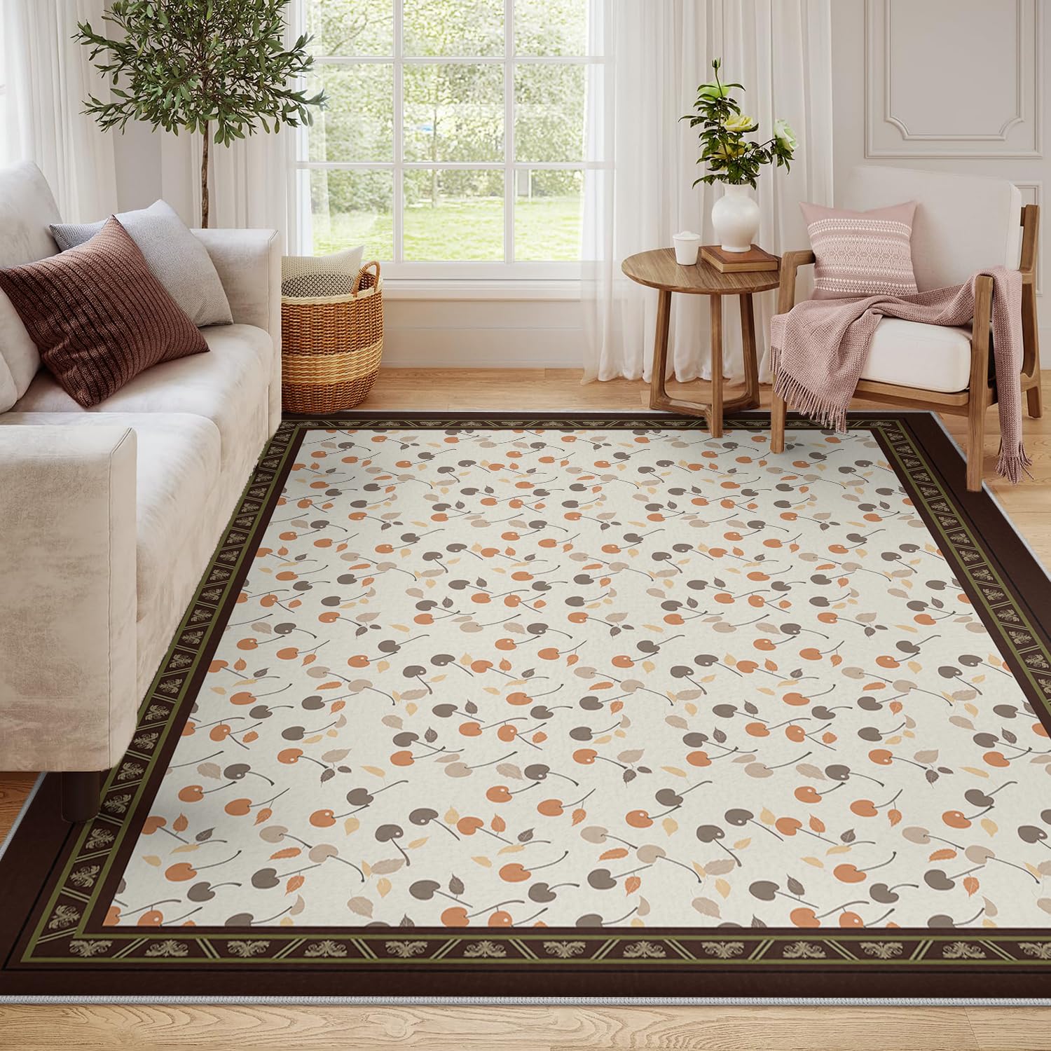 Tappeti da interno in stile pastorale 100x150cm Mattesino a pelo basso con stampa dolce ciliegia per la stanza della nursery camera da letto casa colonica accogliente bordo marrone