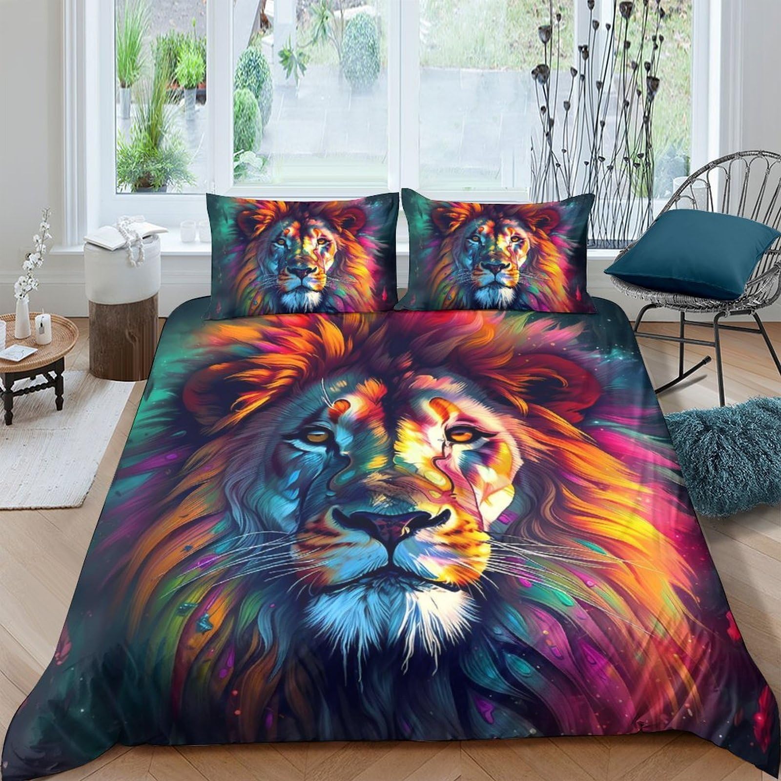 3D Printed Colorful Lion Duvet Cover Set Microfiber Soft Breathable Animal Quilt Cover with 2 Pillowcases for Bedroom Decor Single（135x200cm）
