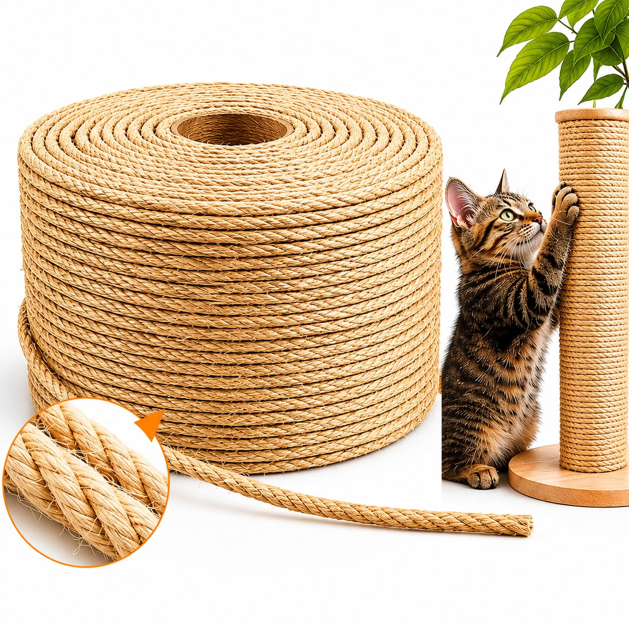 Natural Sisal Rope for Cat Scratcher, Replacement Durable Cat Scratching Post Rope for Recovering Cat Towers, DIY Crafts and Gardening (1/6 inch by 66 feet)