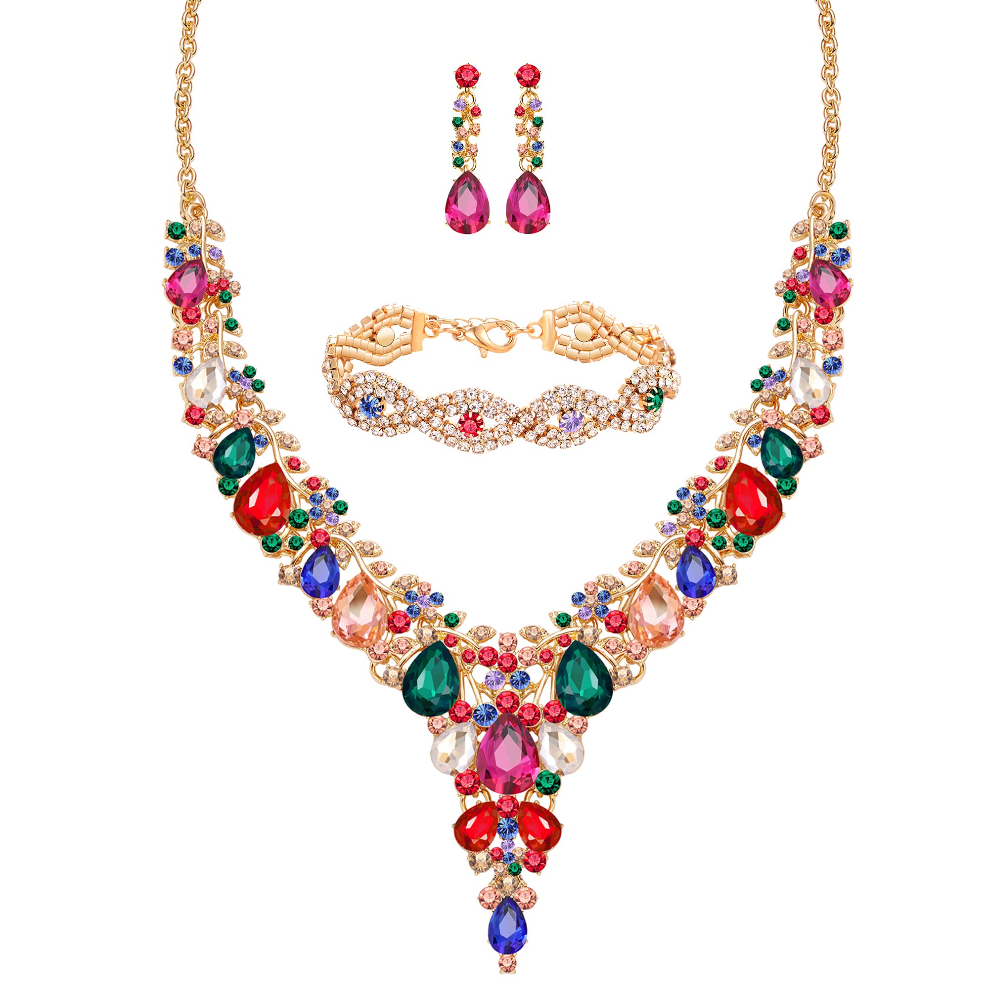 M MIRACULOUS GARDEN3/4 Pieces Women Wedding Bridal Crystal Tiara Crown Teardrop Statement Necklace Link Bracelet Dangle Earrings Rhinestone Handbag Jewelry Set for Women