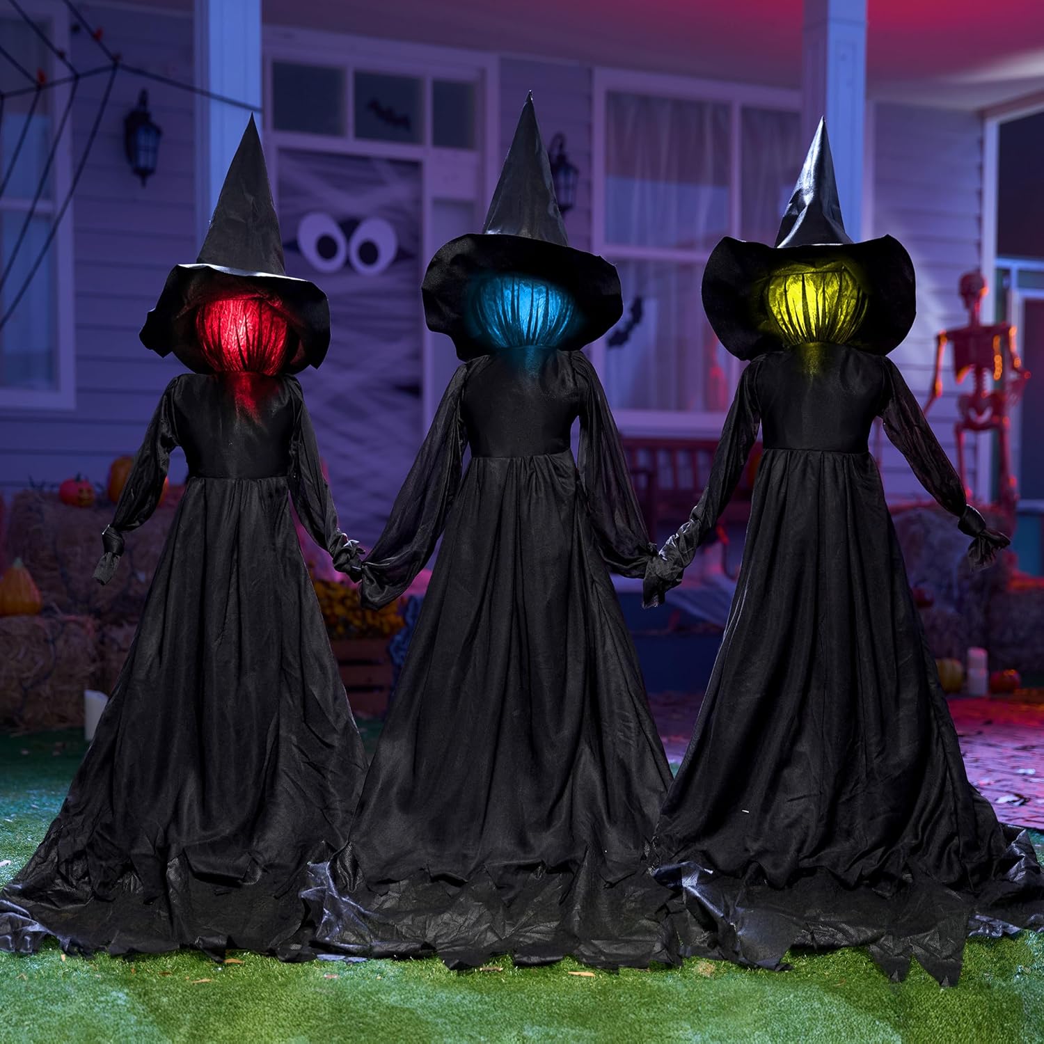 JOYIN Halloween Witch Decorations Outdoor Yard Stakes 3 Pack, 4.2 FT Multicolored Light Up Scary Flying Witch with Sound Activation, for Halloween Graveyard Lawn Yard Garden Decorations