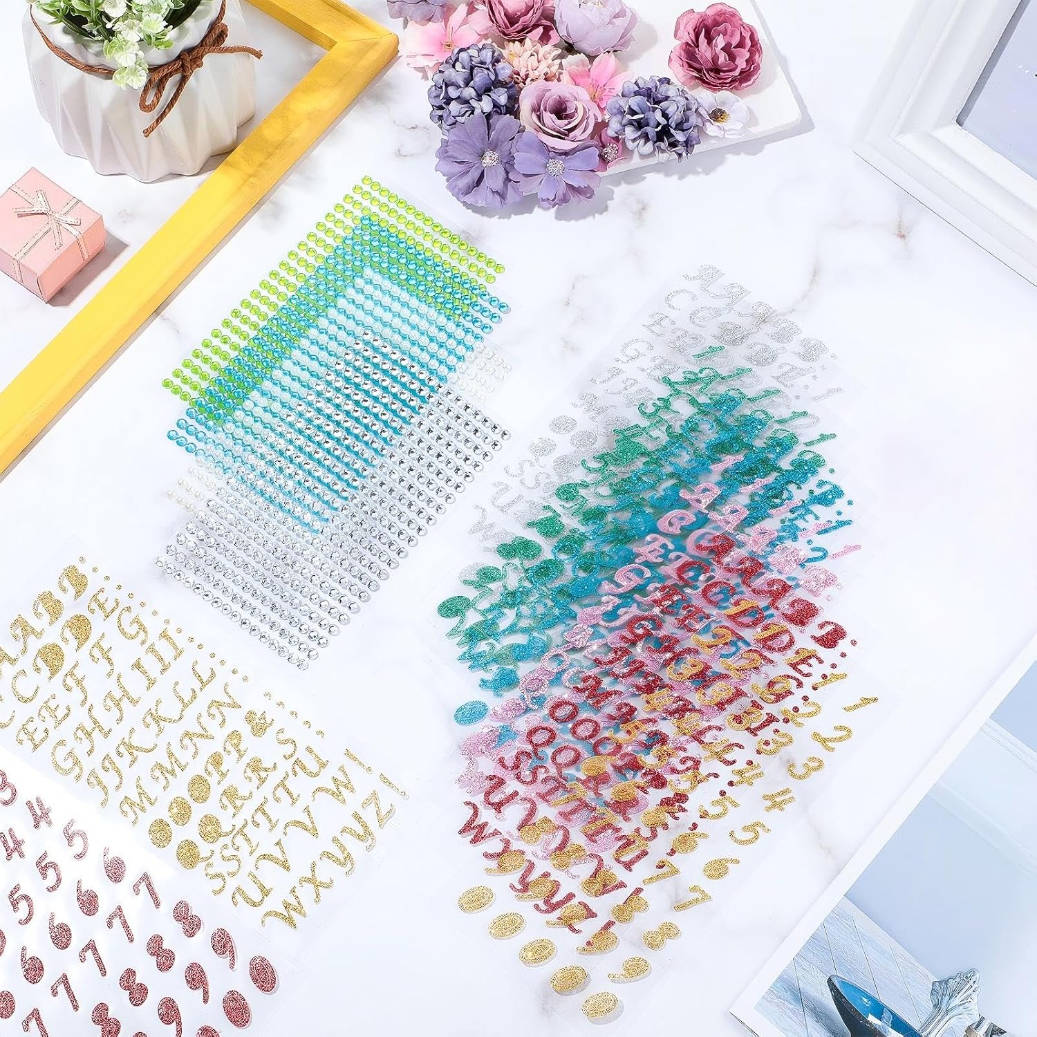 CHENGU 40 Pcs DIY Graduation Cap Decoration Kit Include 18 Assorted Artificial Flower Heads 14 Sheets Glitter Number Letter Stickers 7 Sheets Rhinestone Stickers and Bowknot Ornament for Grad(Purple)