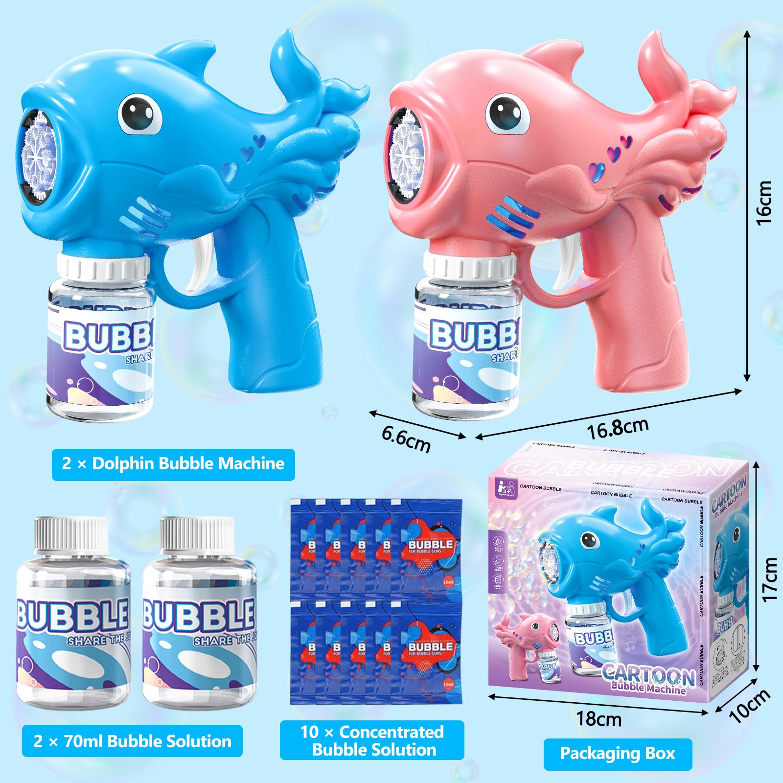2 Pistola de Burbujas para Niños, Automática Máquina de Burbujas de Jabón con 2×70ML Botellas de Solución, Pompas de Jabon Niños con 8 Aberturas & Luces, para Fiesta, Actividades al Aire Libre