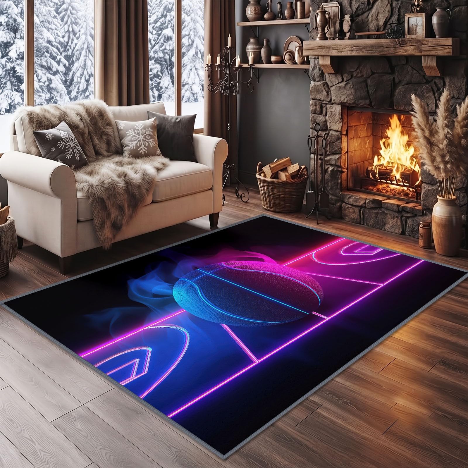 Vaporwave Alfombra de Baloncesto Neón, 160 x 230 cm, alfombra de cocina, antideslizante, lavable, para salón, comedor, entrada interior