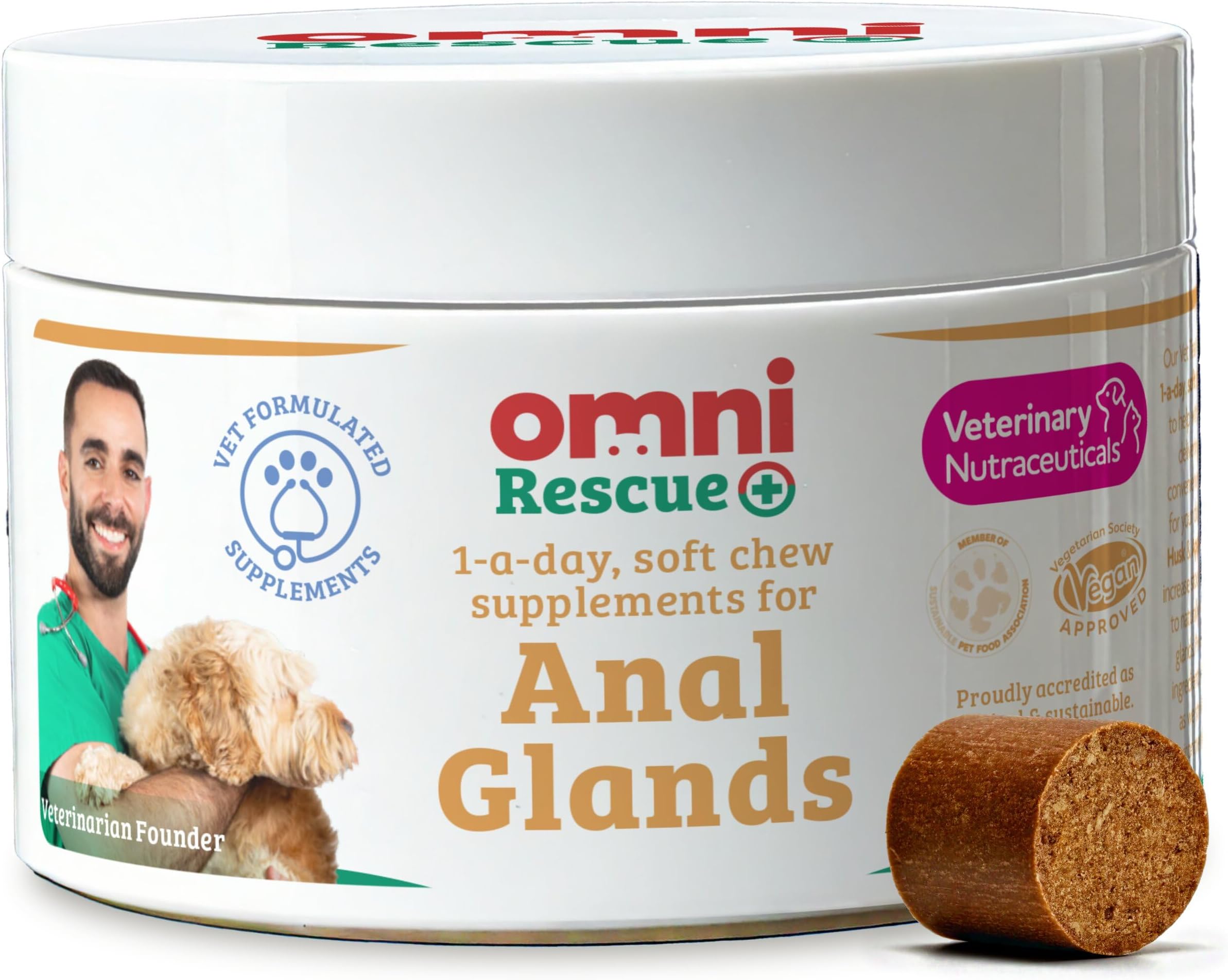 Omni Anal Glands Dog Supplements - Dragons’ Den Winners, One-a-Day Supplement, Psyllium Husk & Apple Pectin - Daily Chew Dog Treat for Full, Blocked, Odorous Glands, 30 Servings, Small 0-15 Kg