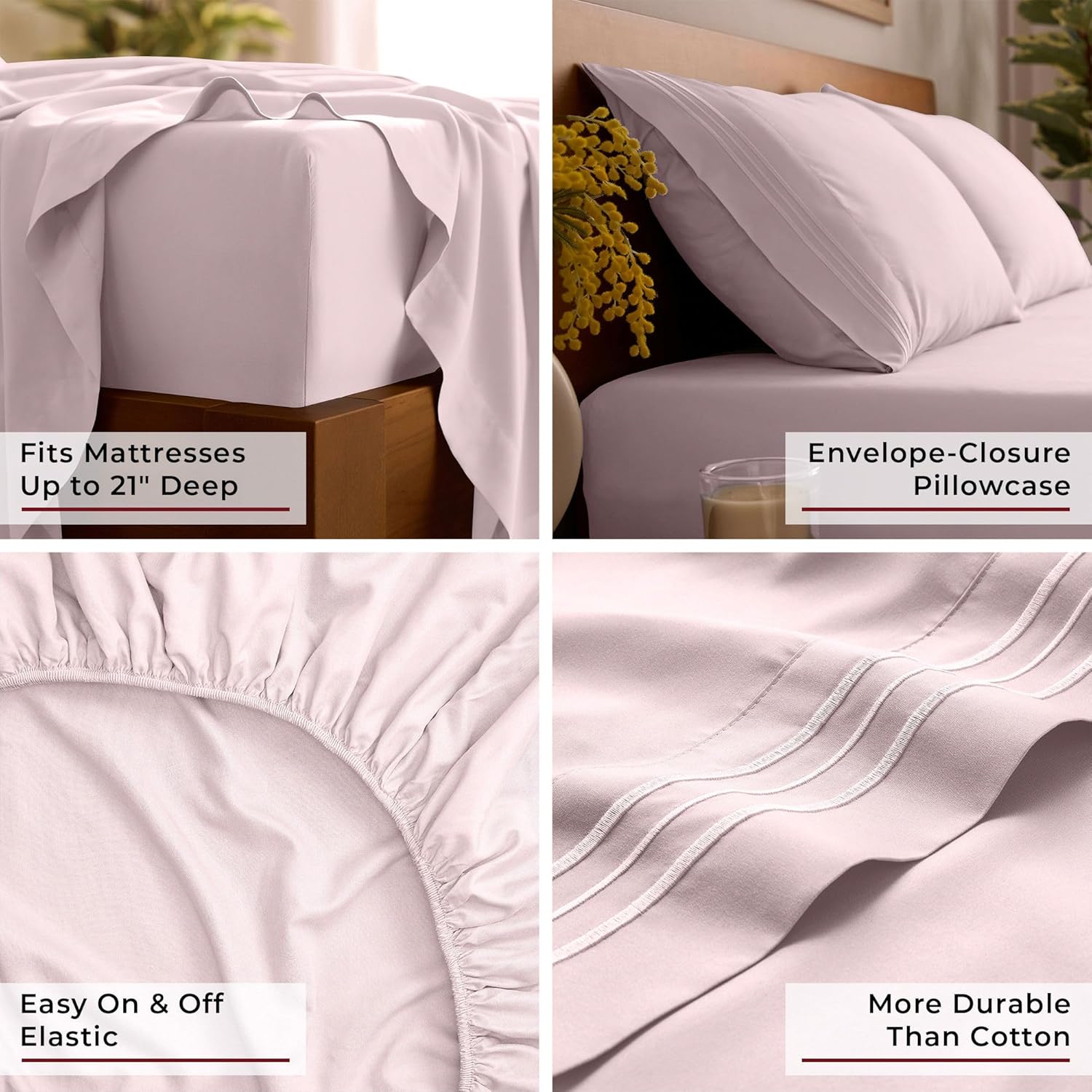 Mellanni Queen Sheet Set - 6-Piece Iconic Collection Bedding, (Including 4 Pillowcases), 21-Inch Extra Deep Pocket, Easy Care, Ultra Soft, Cooling Sheets, Brushed Microfiber - Blush Pink - Image 5