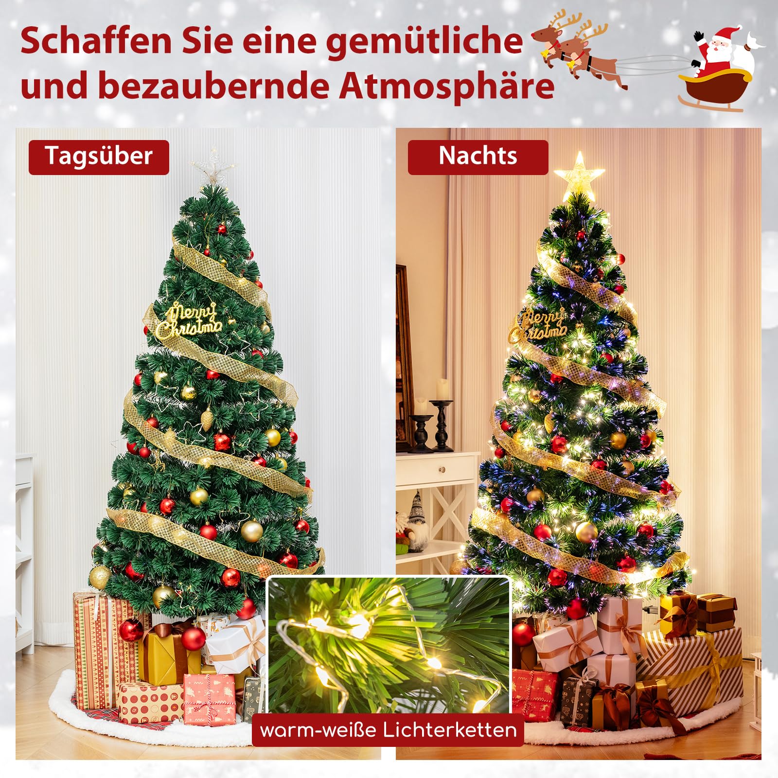 COSTWAY Künstlicher Weihnachtsbaum mit Beleuchtung, 180 cm Tannenbaum aus Glasfaser mit 36 warmweißen LED-Lichtern & 230 Zweigspitzen, Christbaum Kunstbaum beleuchtet mit Sternspitze für Zuhause Büro