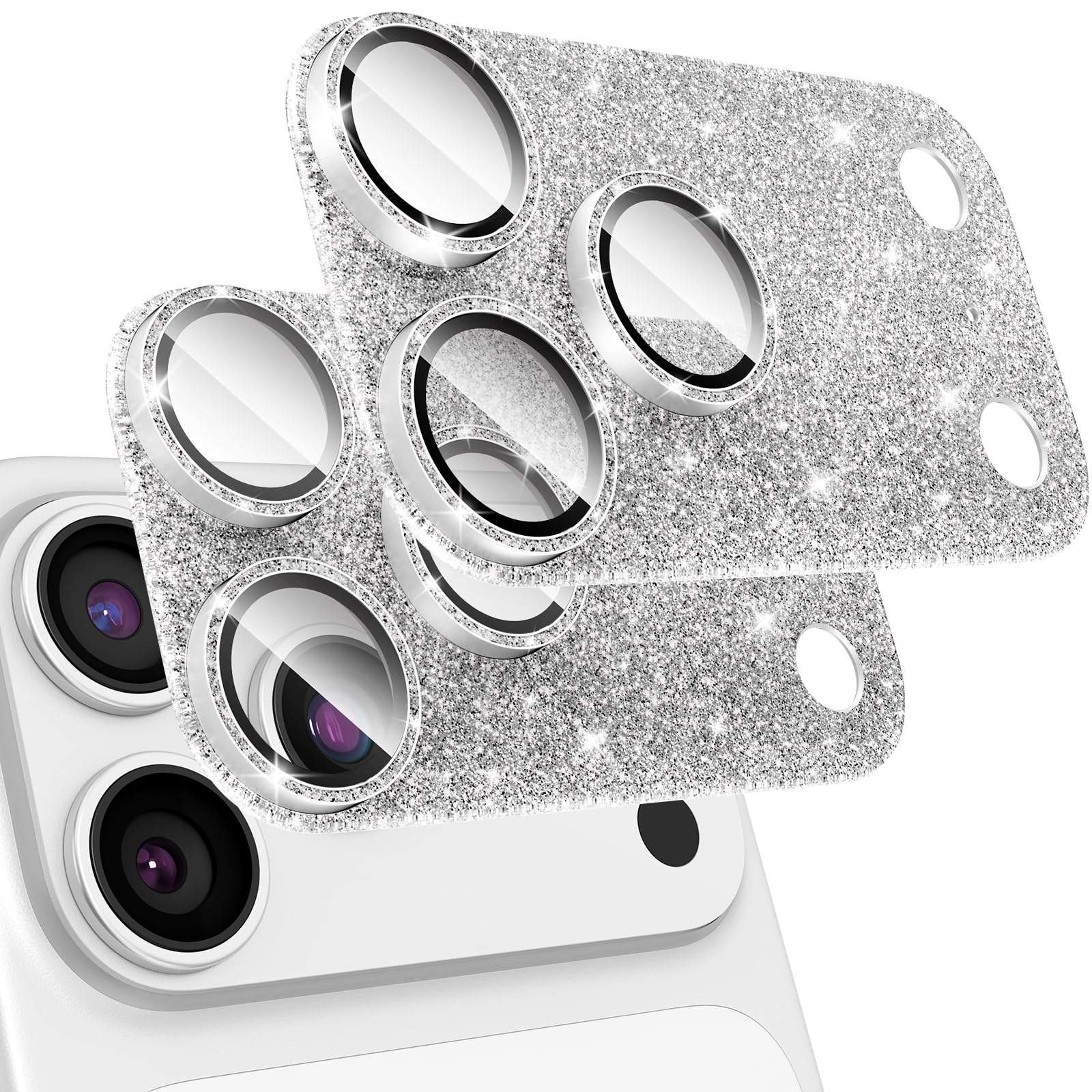 [2 Pack Bling Kamera Objektiv Bildschirmschutz für iPhone 17 Pro Max mit 9H gehärtetes Glas Luftfahrt Aluminium Platte Abdeckung Metallring, Nachtkreis, HD Klarheit-Glitter Silber