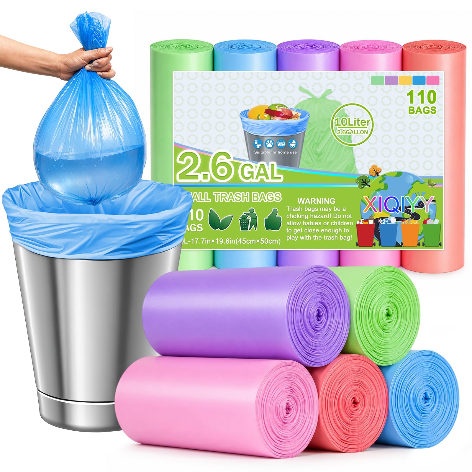 Small Trash Bags 2.6 Gallon, Colorful Bathroom Trash Bags, 110 Count