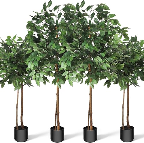 Tigeen 4 piezas de árbol de ficus artificial de seda sintética de 4 pies y 5 pies con hojas realistas, tronco natural y maceta de plástico para