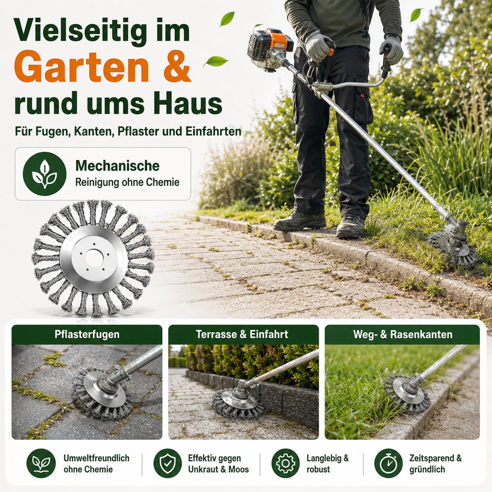 Unkrautbürste für Freischneider 2er Set, Drahtbürste für Motorsense 6 & 8 Zoll, Wildkraut- & Fugenbürste mit 25,4 mm Aufnahme & 20 mm Adapter für Pflaster & Einfahrt