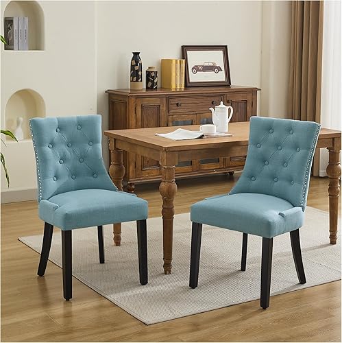 Miniatura 21 de Sillas de comedor tapizadas con brazos, juego de 2, sillas de comedor con patas de madera maciza y respaldo copetudo (lino + gris) Gris