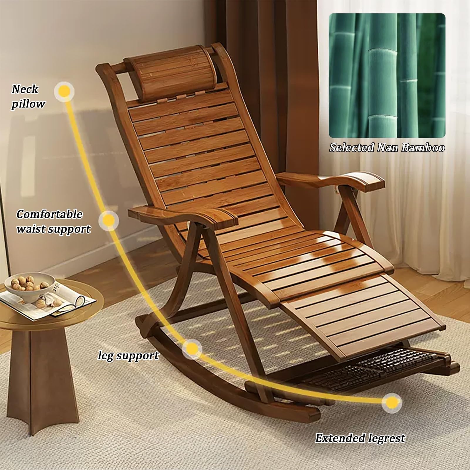 Sillón reclinable Plegable, Mecedora con reposapiés de Masaje, sillón para Adultos Mayores, Respaldo Ajustable, sillón mecedor para Exteriores, Silla de Ocio de Bam(Marrón-Talla única