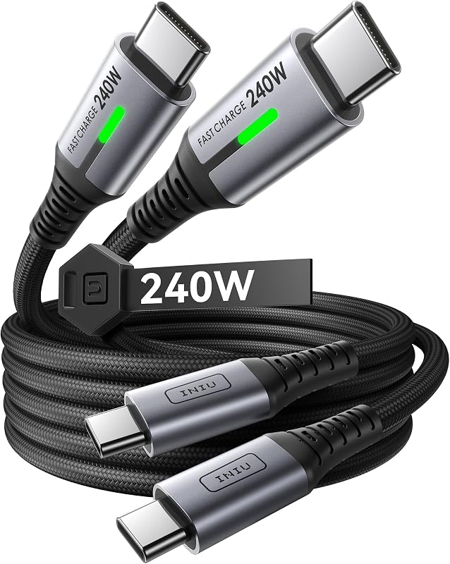 INIU USB C to USB C Cable,240W Fast Charging Type C Charger Cord,Braided USBC Phone Charger Cable for iPhone 17 16 Pro Max Samsung S25 S24 Laptops MacBook Air 15 M3 iPad Switch[3.3 ft + 3.3 ft. Black] | Nylon Braided, Fast Charging, LED Indicator, USB-C Data Transfer, for iPhone 17 16 Pro, MacBook Pro, iPad, Samsung S26 etc
