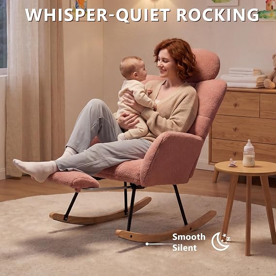 DEKKETO Teddy Nursing Rocking Chair with Footstool and Headrest, Pink | Silent Rocking Motion, Adjustable Headrest, Wooden Armchair for Living Room and Bedroom, 136 kg Capacity