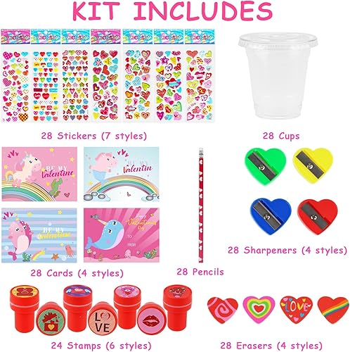 Miniatura 2 de Advoxa Regalos del día de San Valentín para niños, 28 paquetes de papelería de San Valentín con tarjetas y tazas, intercambio de regalos de San