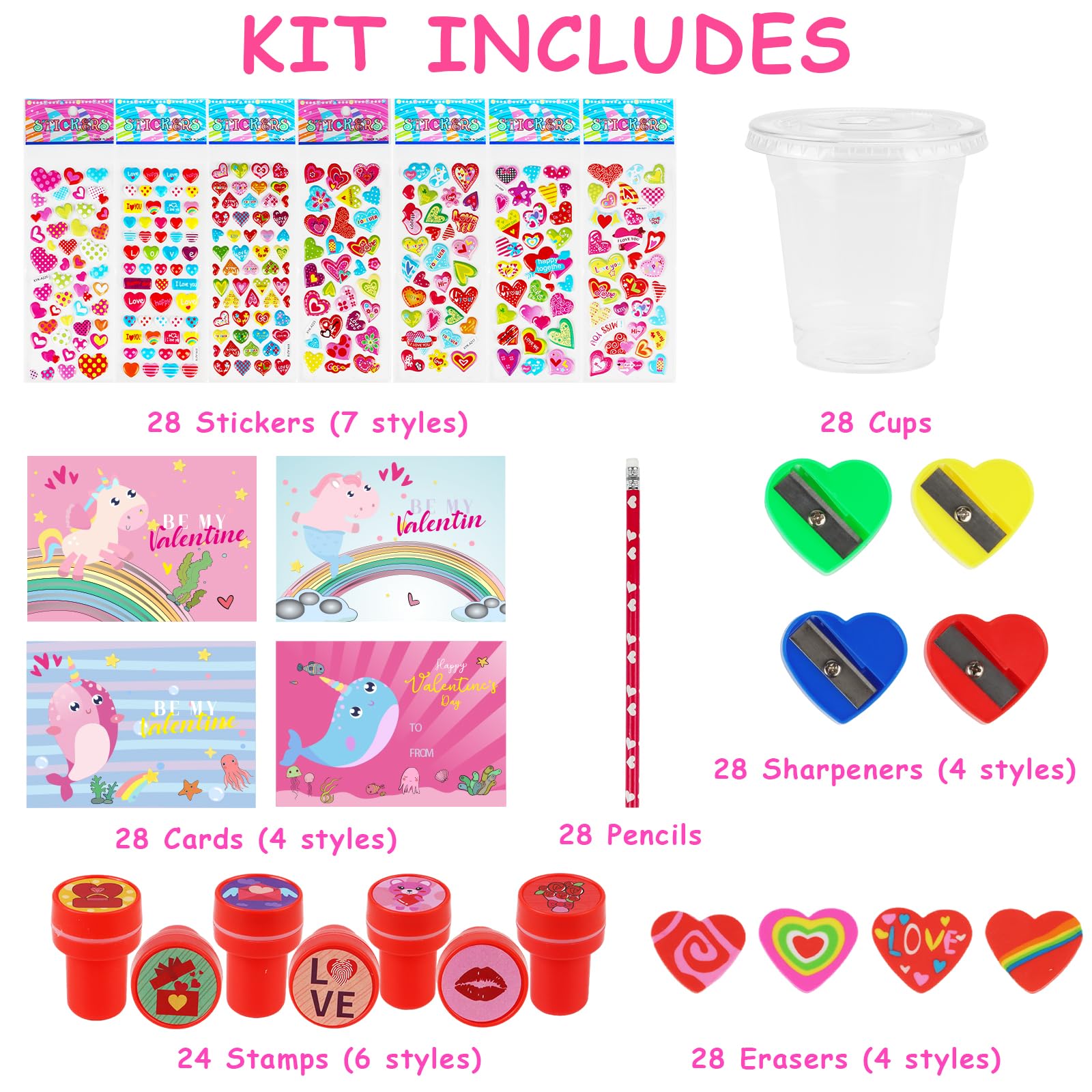 Advoxa Valentines Day Gifts for Kids - 28 Packs Valentines Stationery with Cards and Cups, Valentines Gift Exchange Classroom Prize Rewards Party Favors Toys
