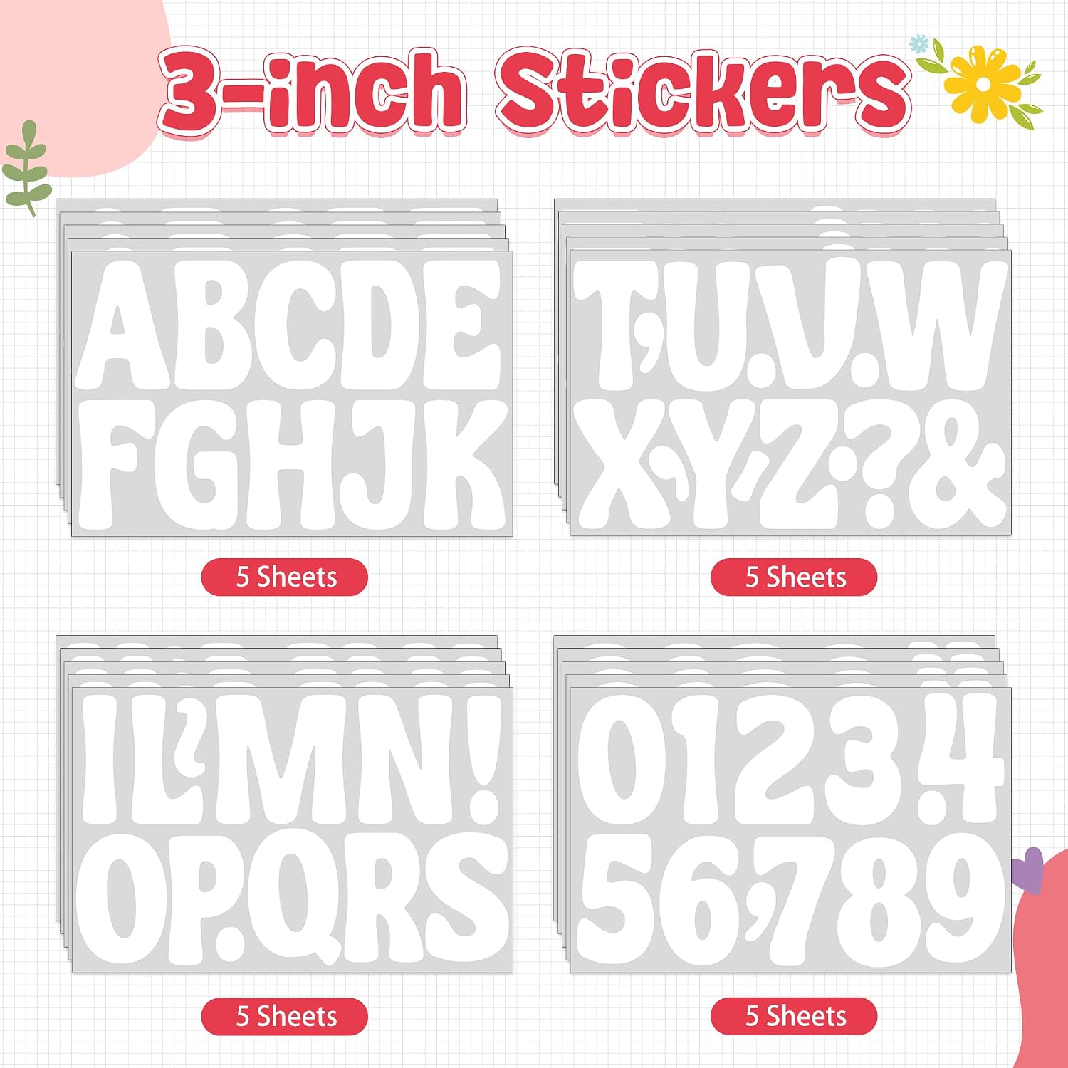 250 PCS Bulletin Board Letters 20 Sheets Letter Stickers Large Alphabet Stickers Vinyl Self-Adhesive Letters for Poster Boards Mailbox Number Classroom Display Craft Home School Decor(White,3 Inch)