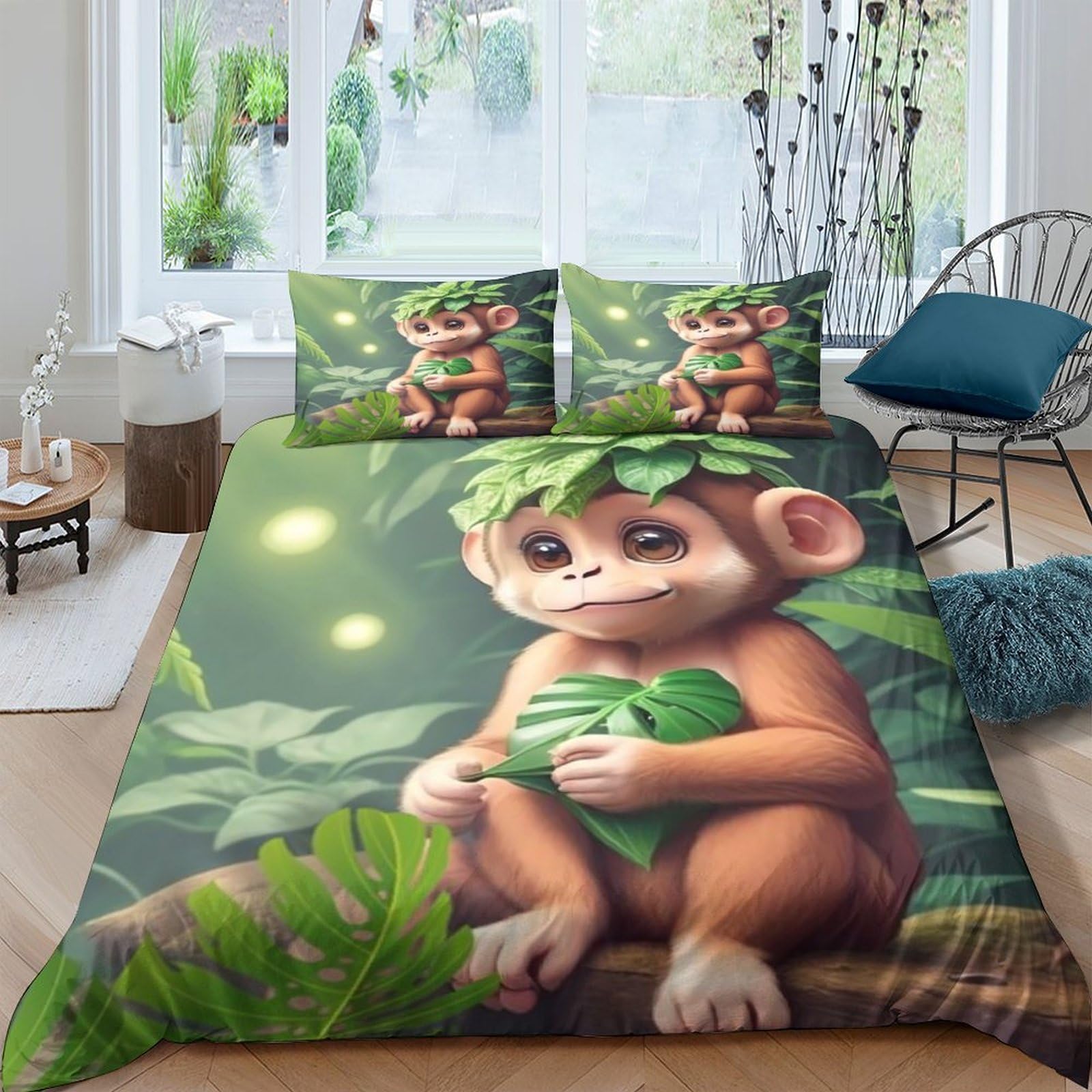 Ctjqhvkz Style-10 3D Printed Cartoon Monkey Fitted Sheet Microfiber Soft Jungle Green Bed Cover For Bedroom Dorm Mattress Protection Decor Single（135X200cm）