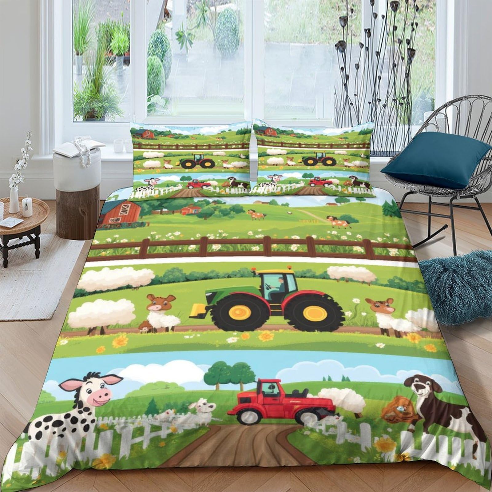 Ctjqhvkz Style-2 3D Printed Farm Tractor Fitted Sheet Microfiber Soft Animal Pasture Mattress Cover For Bedroom Dorm Guest Room Decor Single（135X200cm）