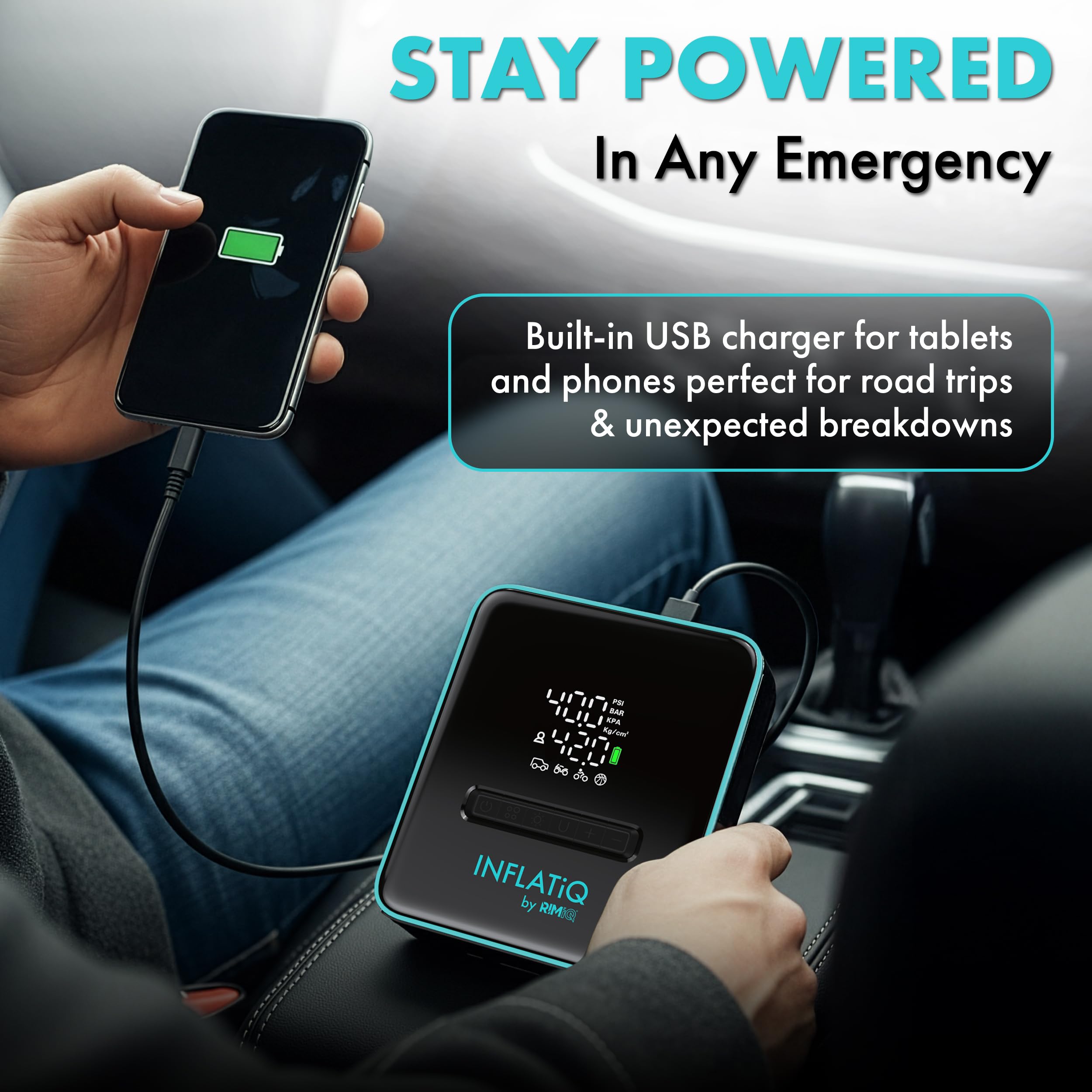 InflatiQ by RIMiQ pompka do opon – wydajna, wielokrotnie nagradzana technologia QWIKFLOW z 2 przenośnymi opcjami wydajności w zestawie – mocna pompka powietrza do samochodów ciężarowych, samochodów