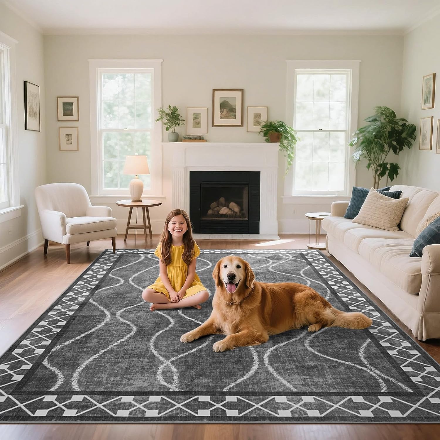 Washable Area Rugs 8x10, Non-Slip Rugs for Living Room Bedroom, Low Pile Large Soft Alfombras, Modern Bordered Home Floor Rugs for Kids Playroom Office Dining Room Farmhouse, Dark Grey - Image 4