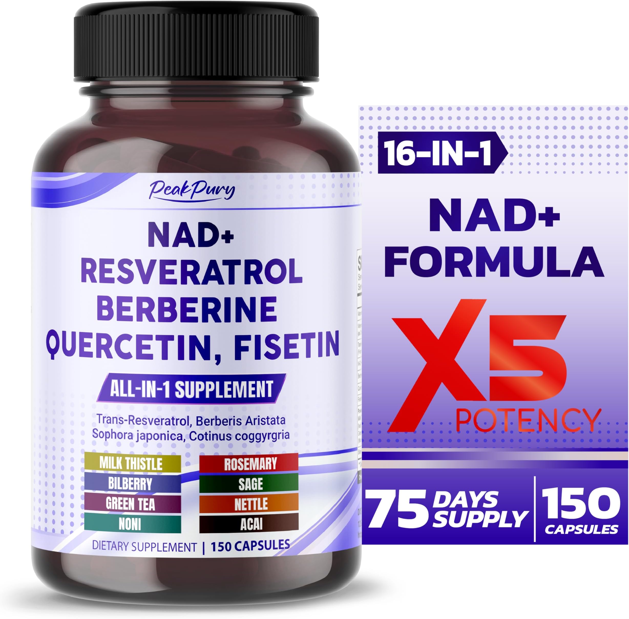 PEAKPURY NAD+ Trans-Resveratrol Berberine Quercetin Fisetin Milk Thistle