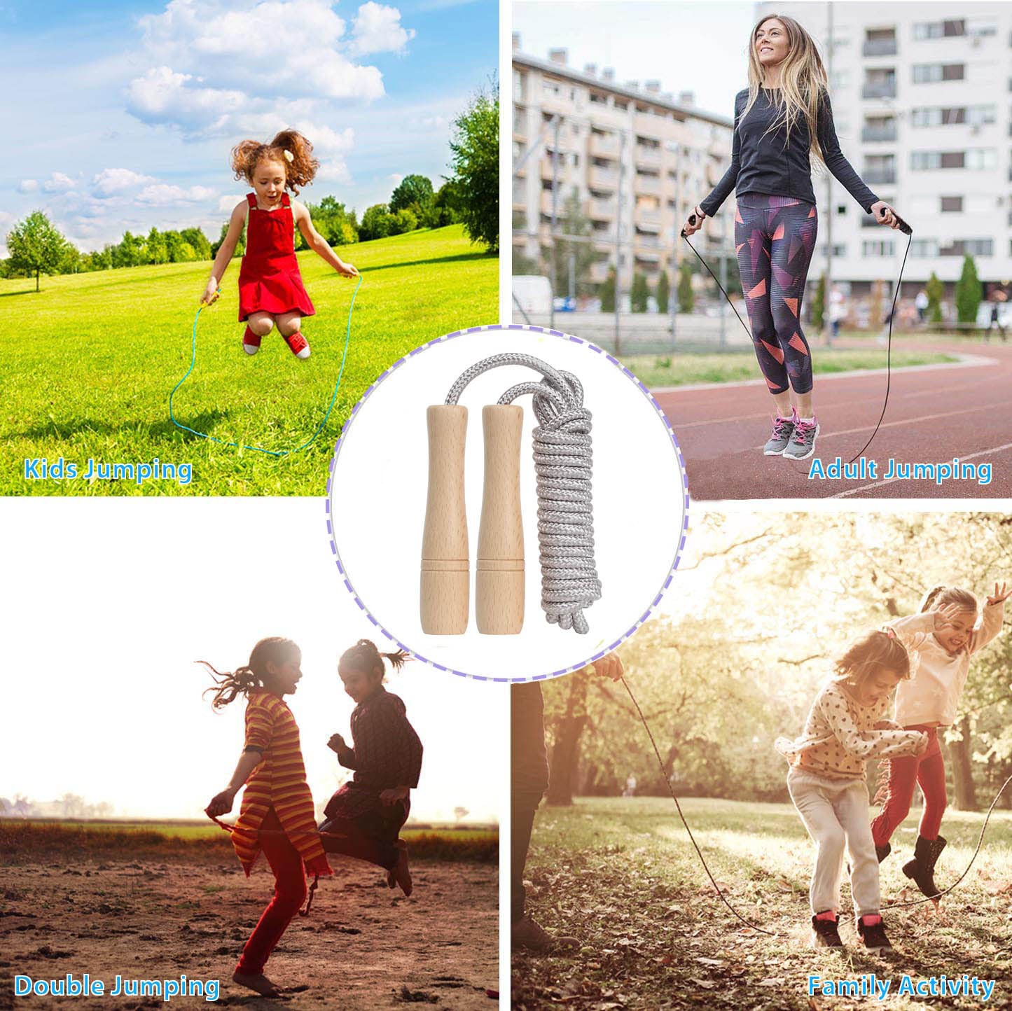 Springseil für Kinder, 2,1 m, verstellbares Baumwoll-Springseil mit Holzgriff, für Jungen und Mädchen, Fitness, Outdoor-Übung