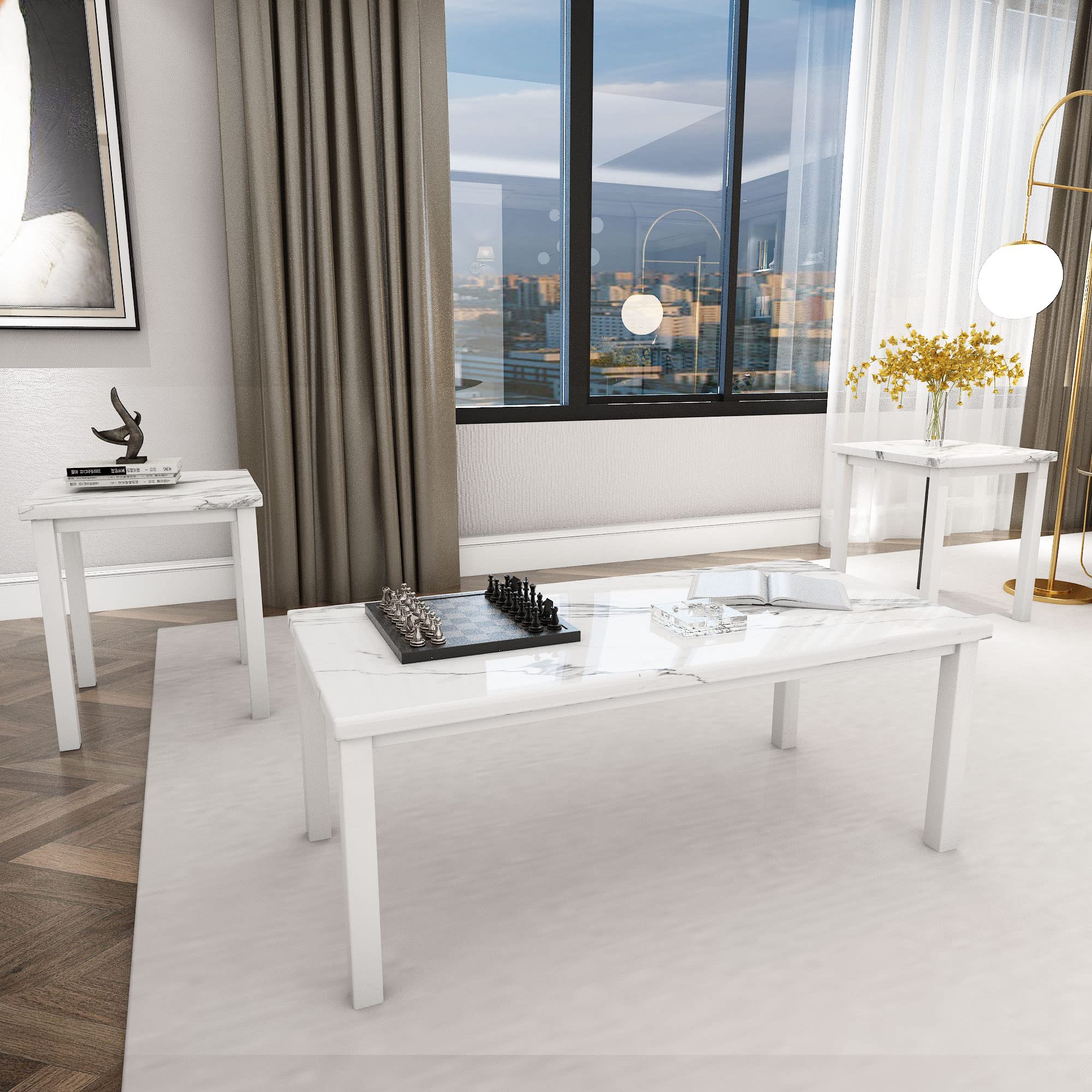 AWQM Faux Marble Coffee Table Set, Occasional Table Set of 3, Includes Accent Table & 2 Sofa Side End Tables for Living Room, White Metal Frame