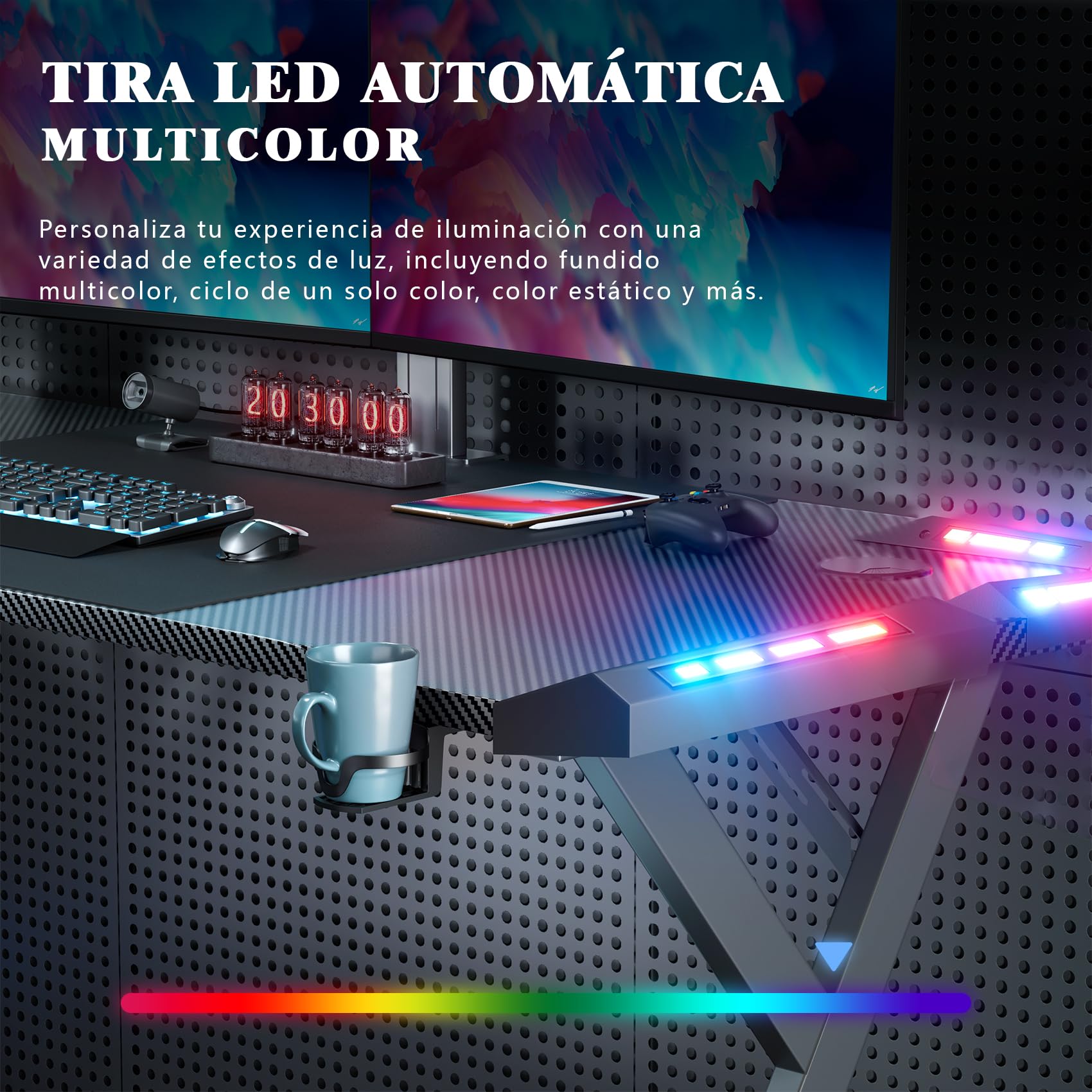 HLFURNIEU LED Mesa Gaming 160 x 60 cm, Escritorio Gaming Ergonómica de Superficie de Fibra de Carbono, Mesa Ordenador con Portavasos y Gancho para Auriculares, Escritorio Gamer Negro