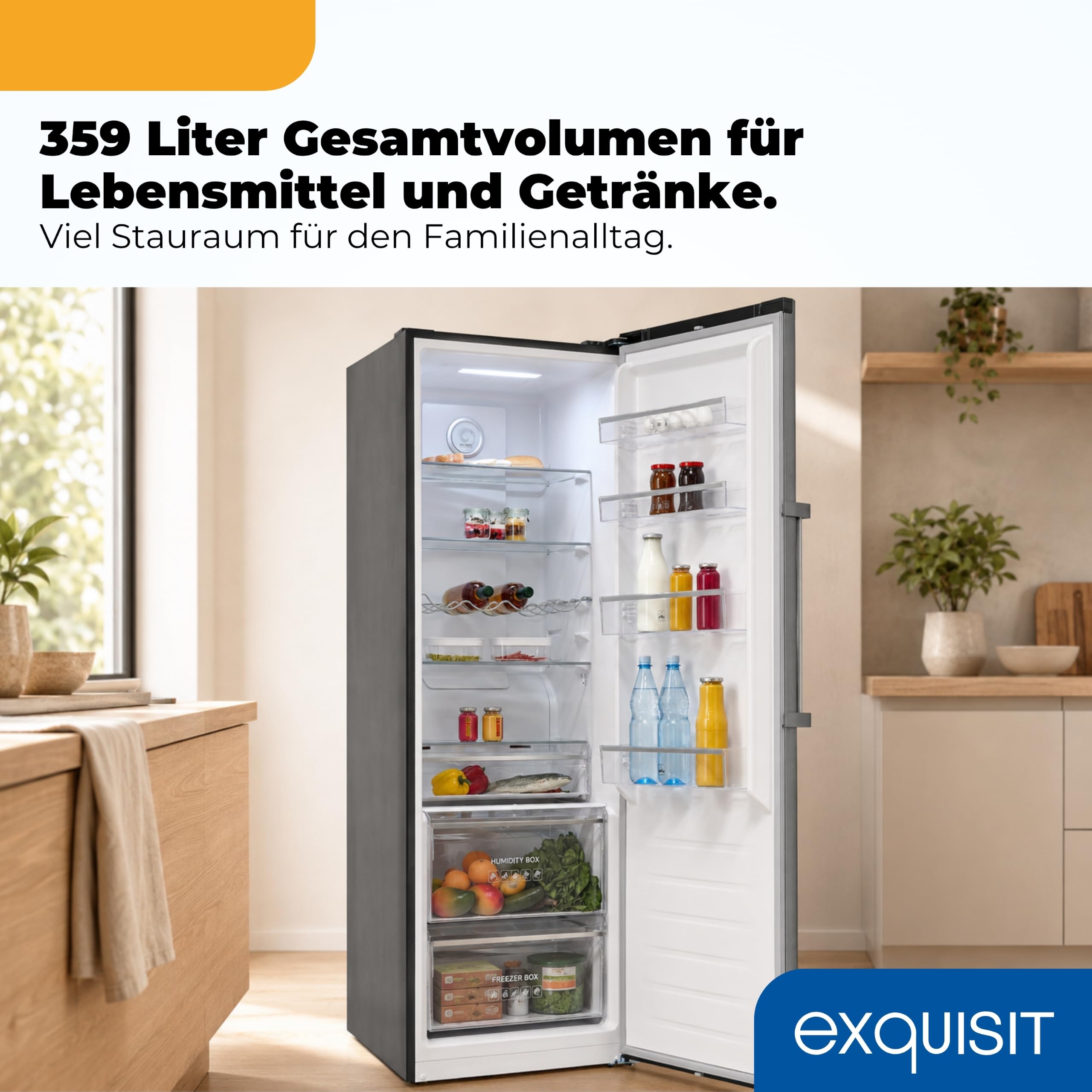 Exquisit Kühlschrank ohne Gefrierfach, 359 Liter, No-Frost, Alarm-Funktion, 5 Ablagen, 4 Türablagen, Gemüsefach, LED-Beleuchtung, Vollraumkühlschrank, KS360-V-HE-040D inoxlook