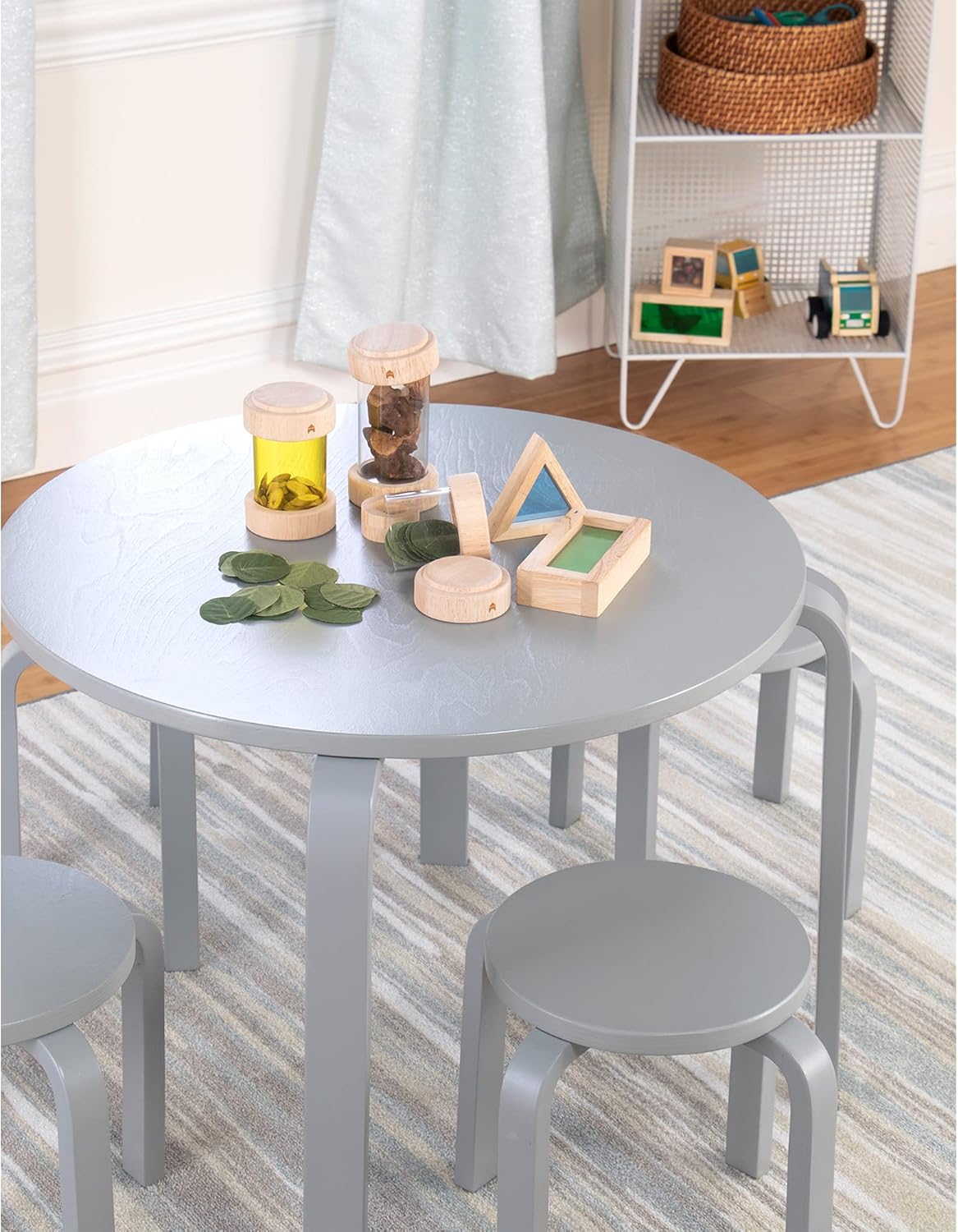 Guidecraft Nordic Table and Stools Set for Toddlers: Gray - Stacking Bentwood Stools with Curved Wood Activity Play Table - Toddler's Modern Kitchen, Playroom and Classroom Furniture